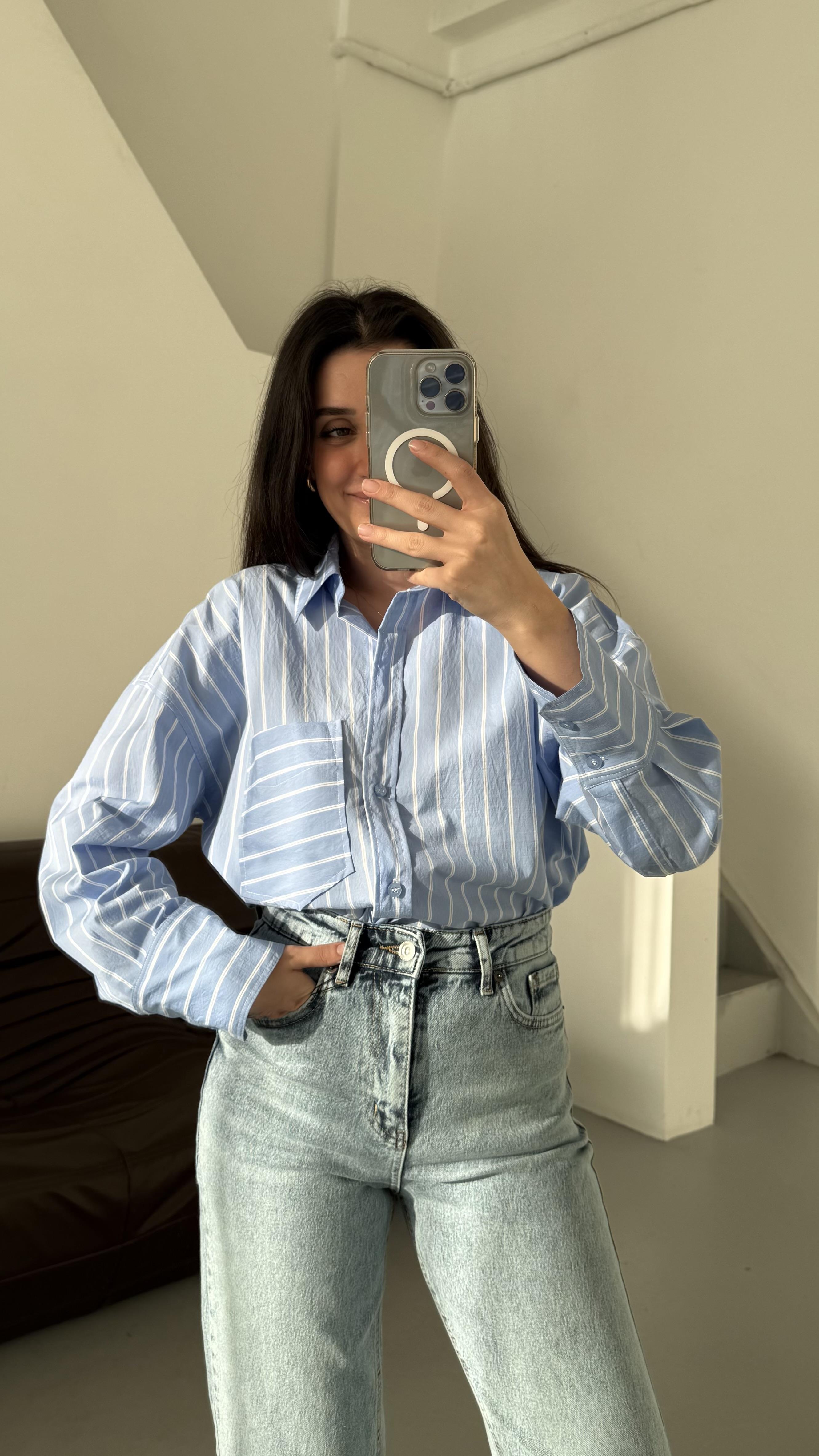 Go Mavi Beyaz Çizgili Oversize Gömlek