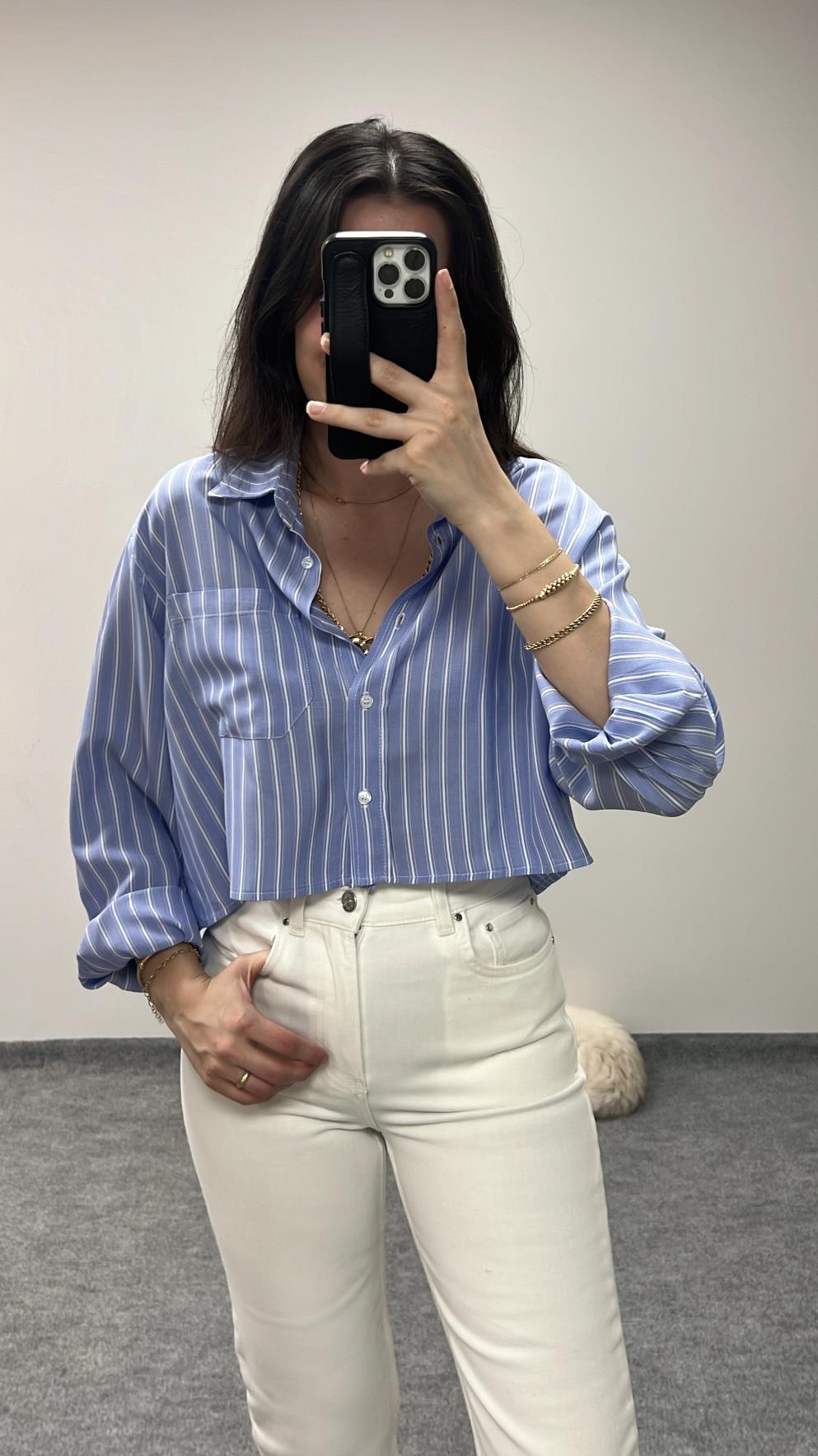 Go Mavi Çizgili Crop Gömlek