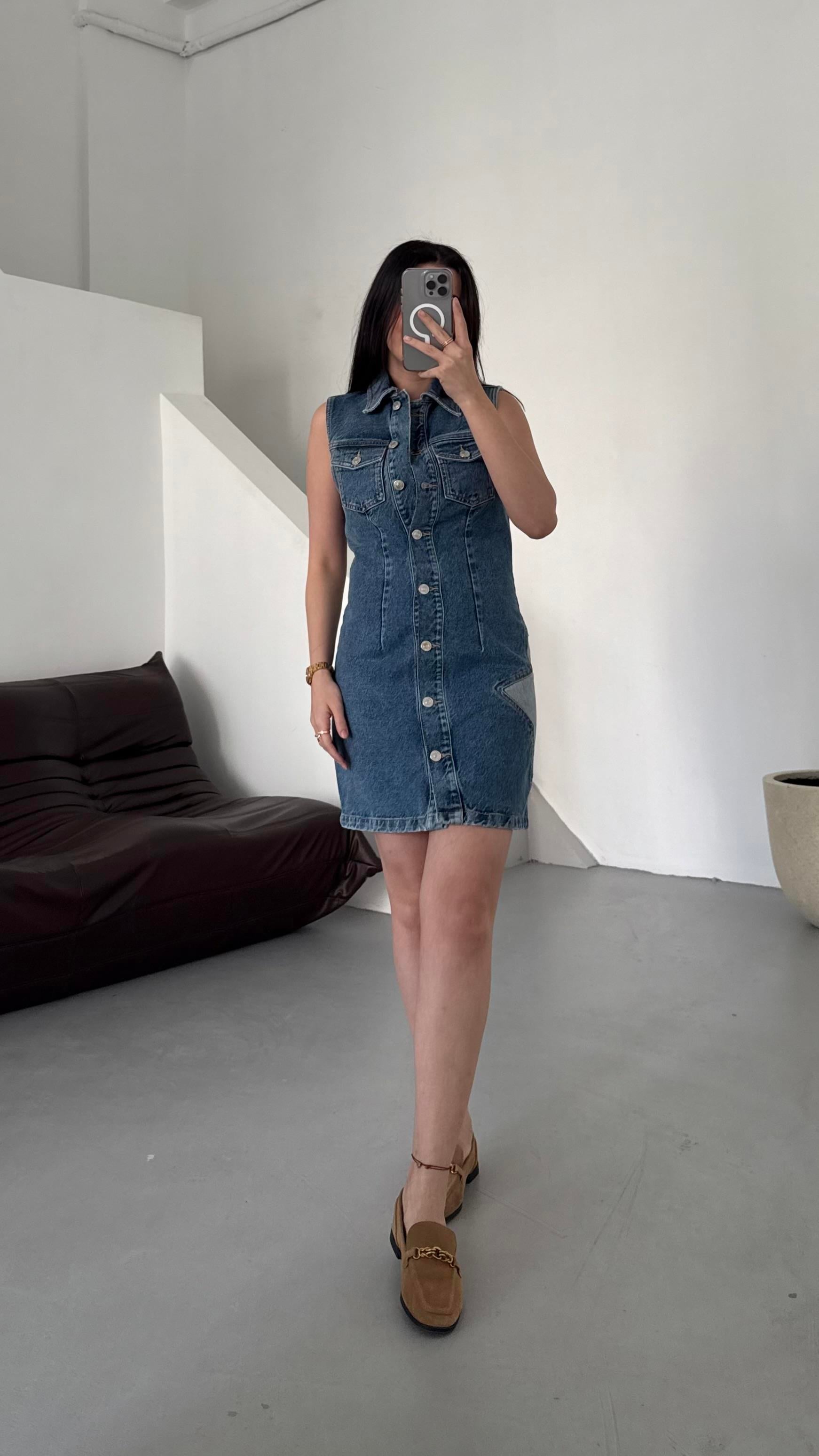 Go Mavi Yıldız İşleme Detaylı Denim Elbise