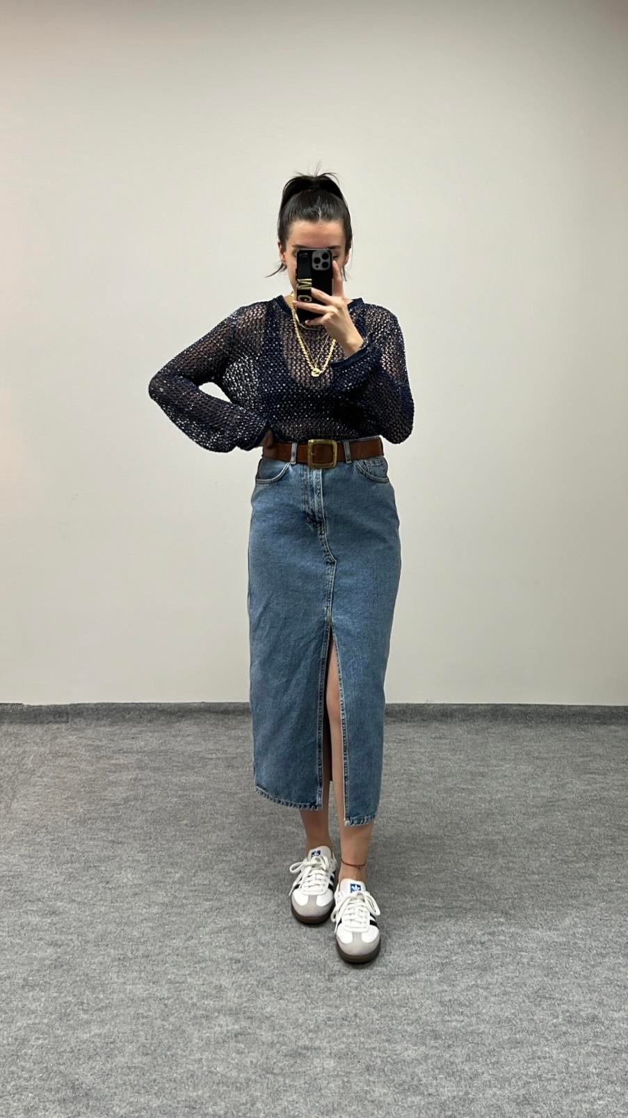 GO MIDI YIRTMAÇLI DENIM ETEK