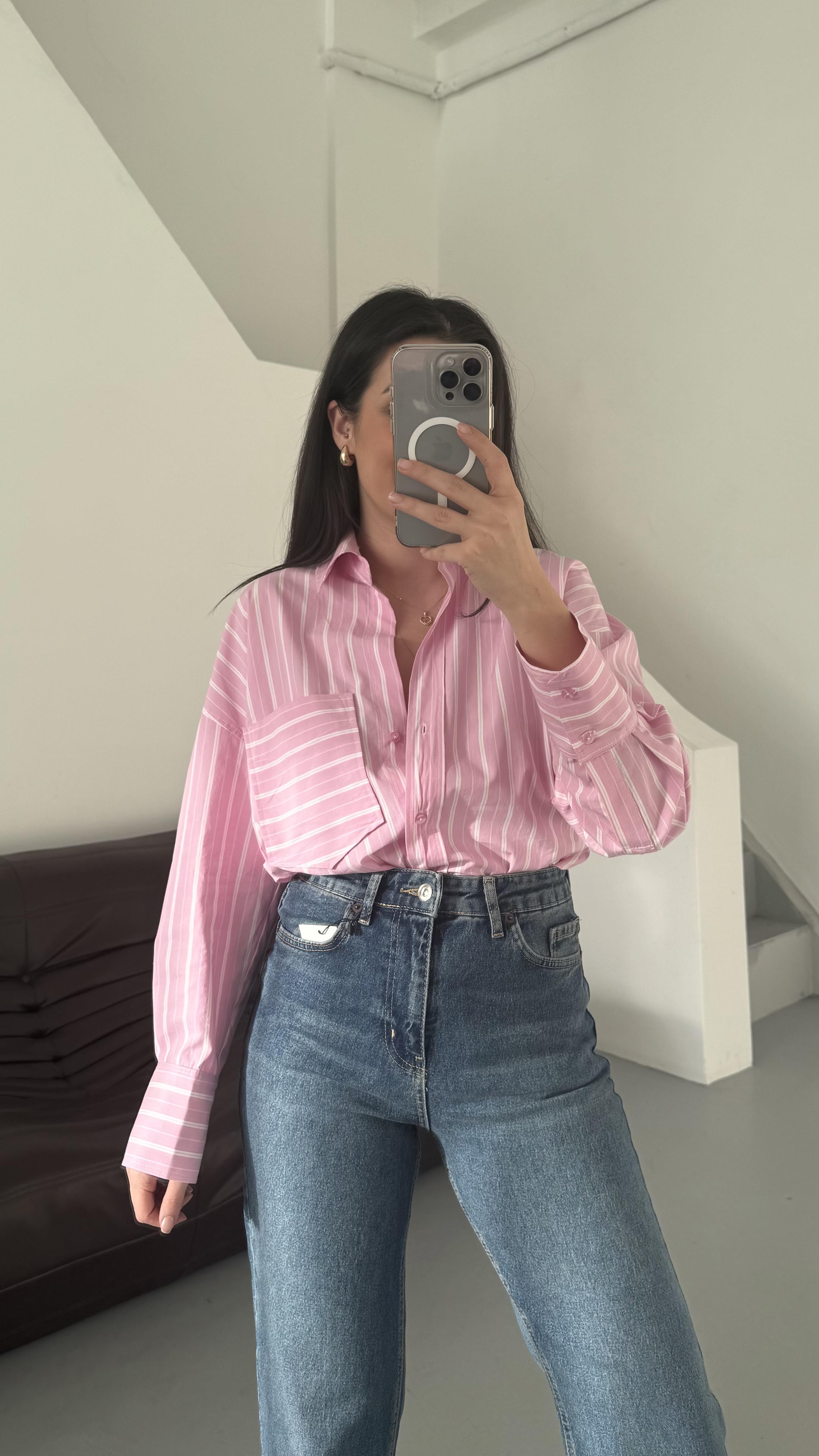 Go Pembe Beyaz Çizgili Oversize Gömlek