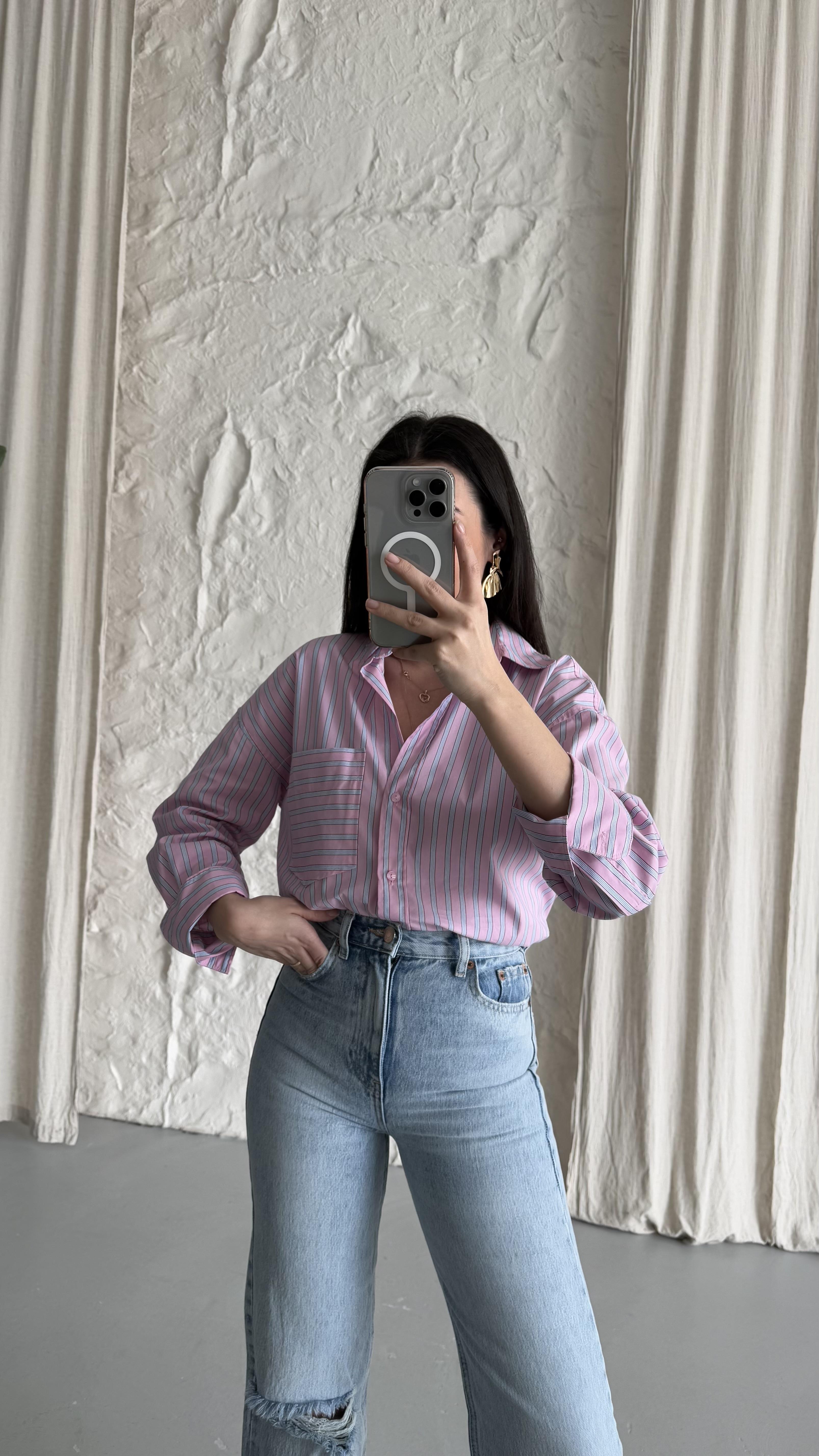 Go Pembe Beyaz Mavi Çizgili Poplin Gömlek