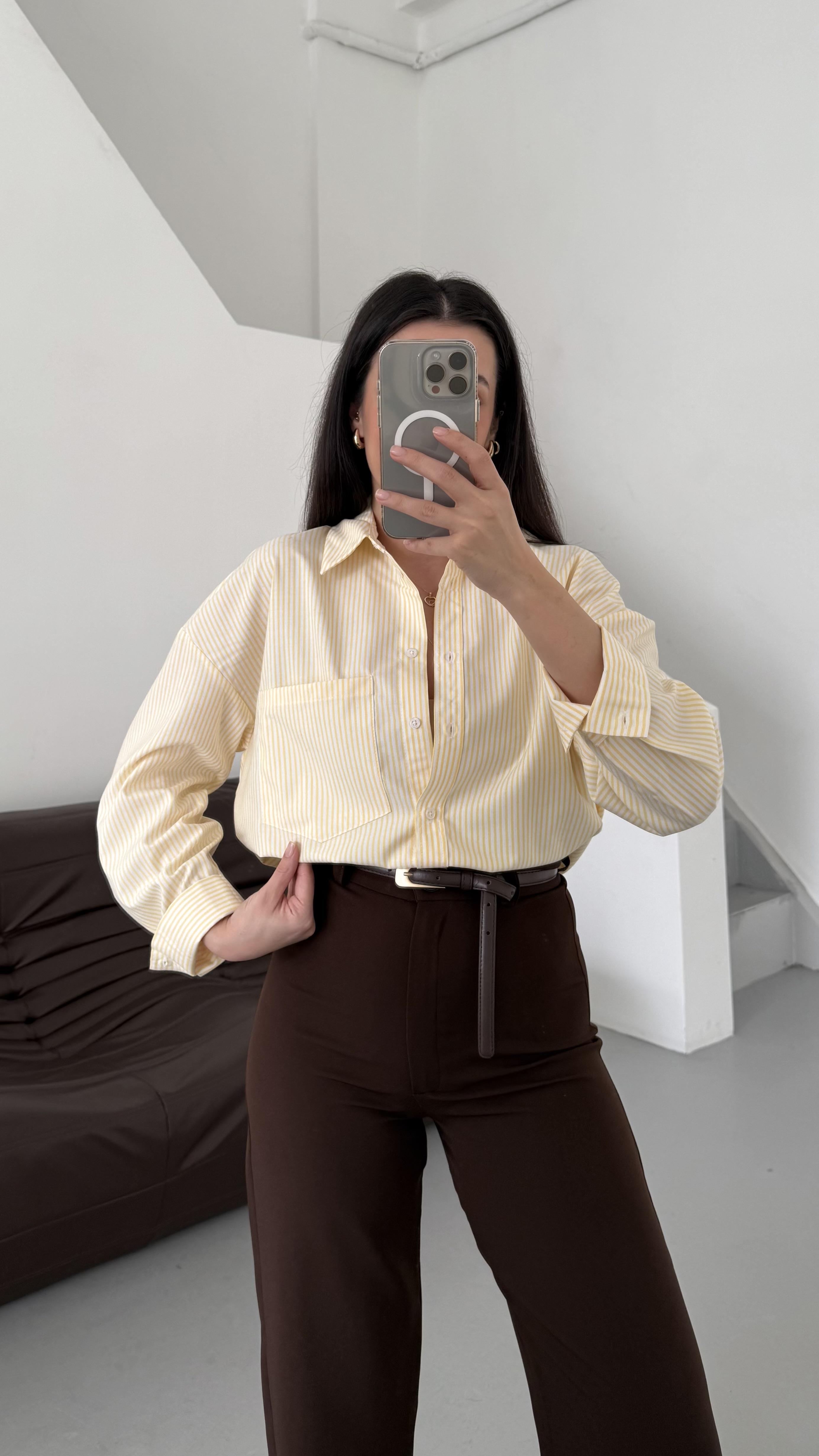 Go Sarı Beyaz Çizgili Oversize Gömlek