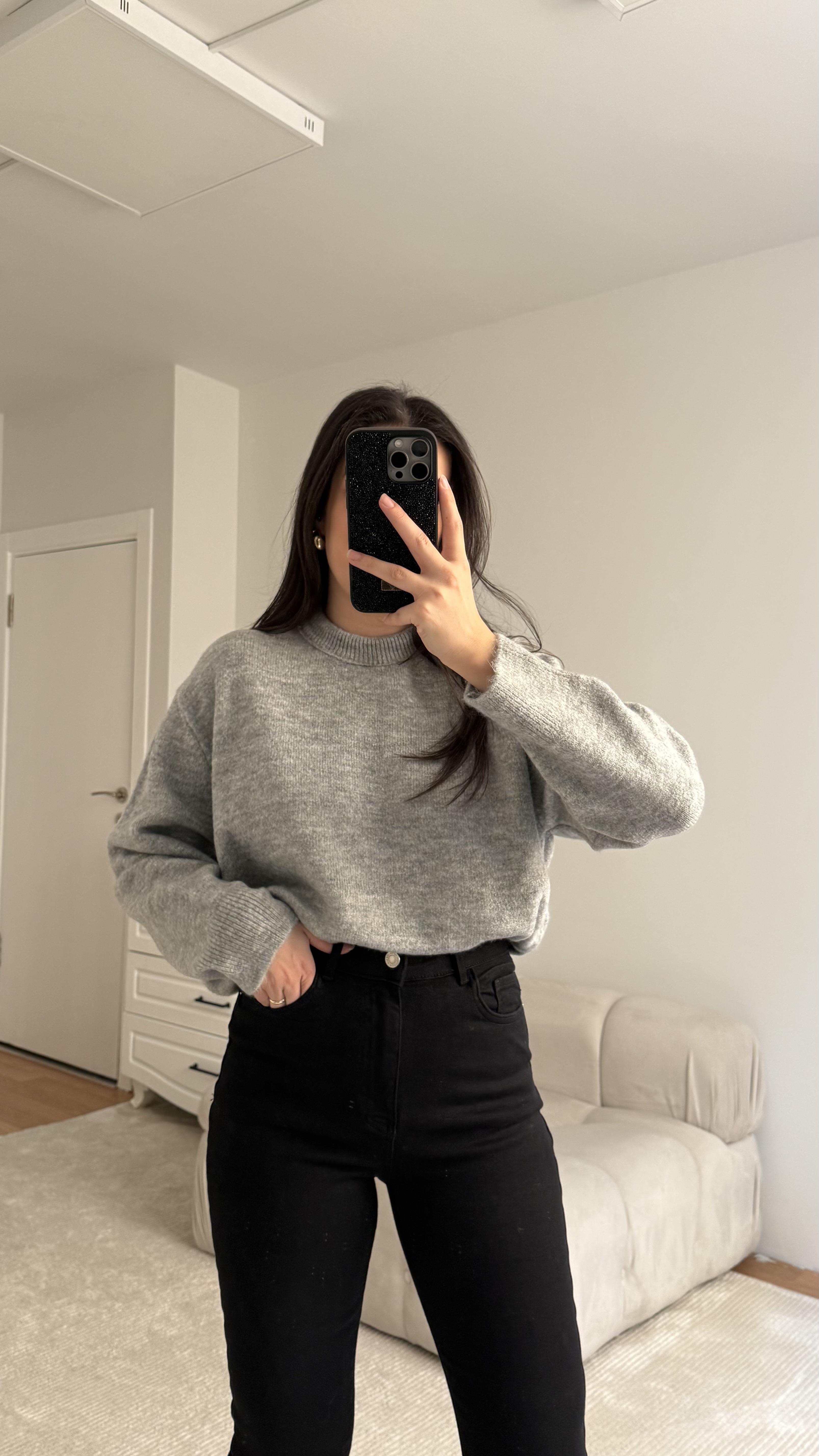 Gri Bisiklet Yaka Oversize Kazak