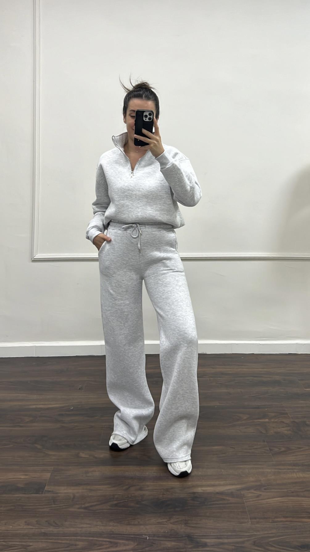 Gri Dik Yaka Sweatshirt Palazzo Pamuklu Takım