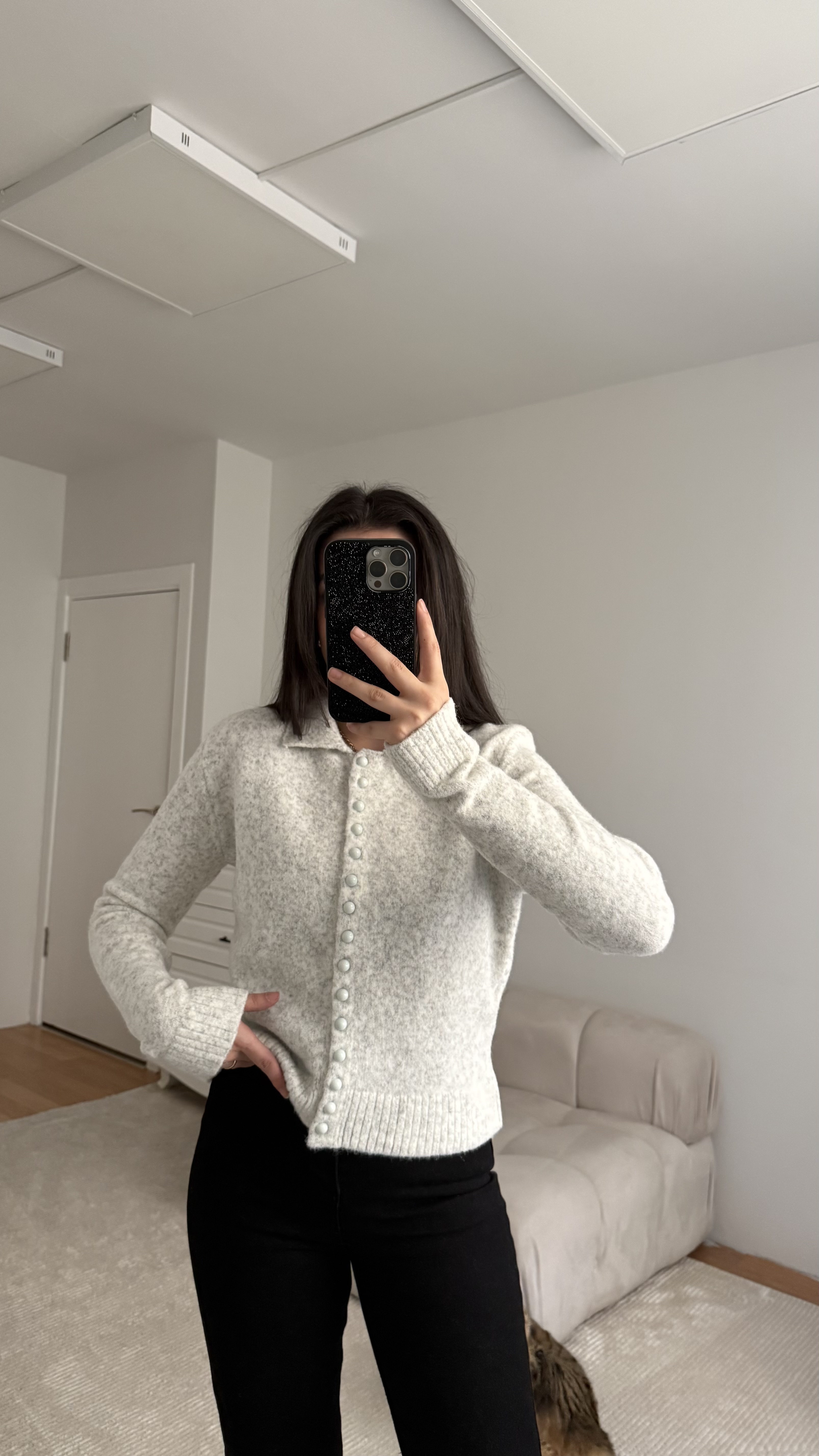 Gri Düğmeli Polo Yaka Triko Hırka