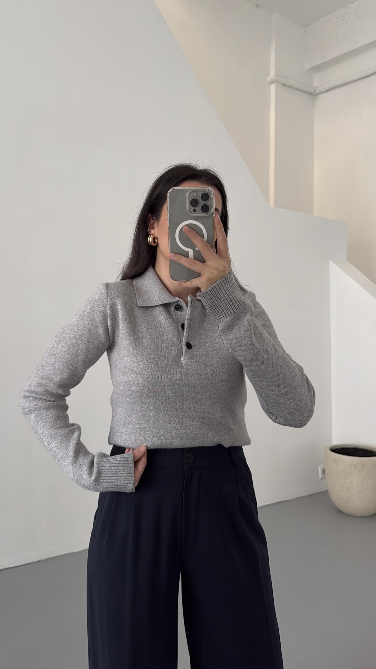 Gri Premium Polo Yaka Kazak