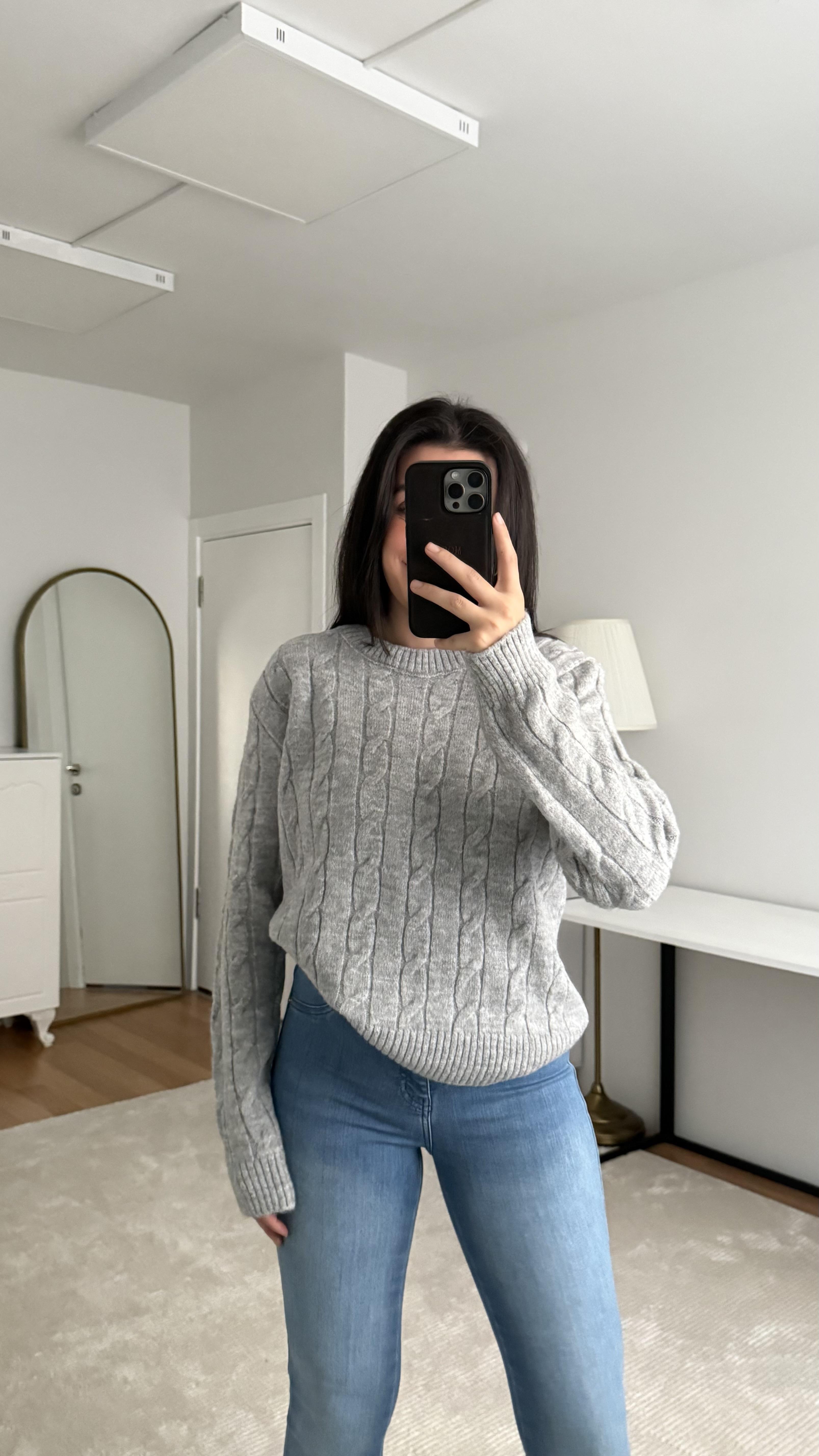 Gri Saç Örgü Premıum Triko Kazak