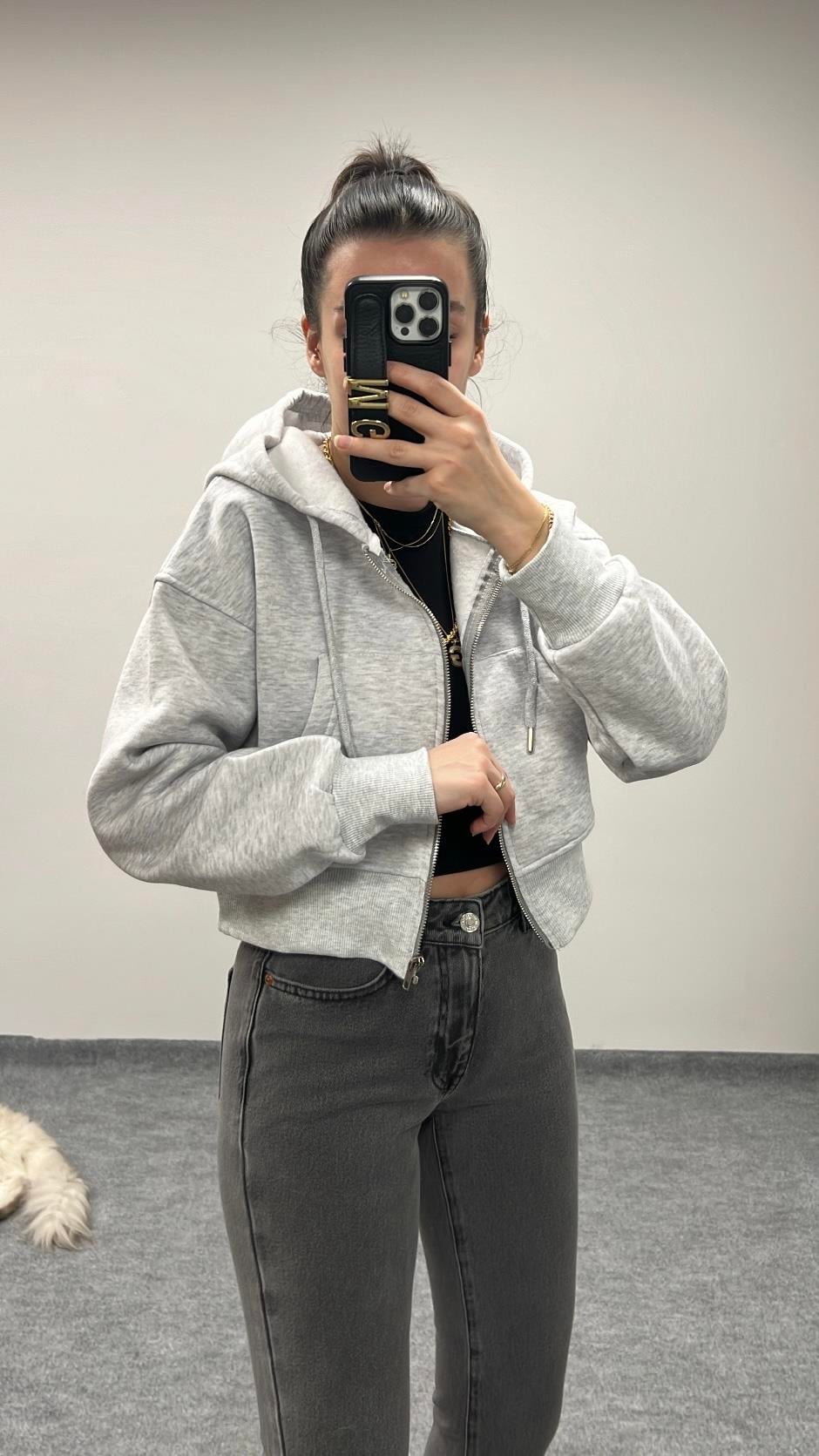 GRİ ÜÇ İPLİK ŞARDONLU CROP HIRKA