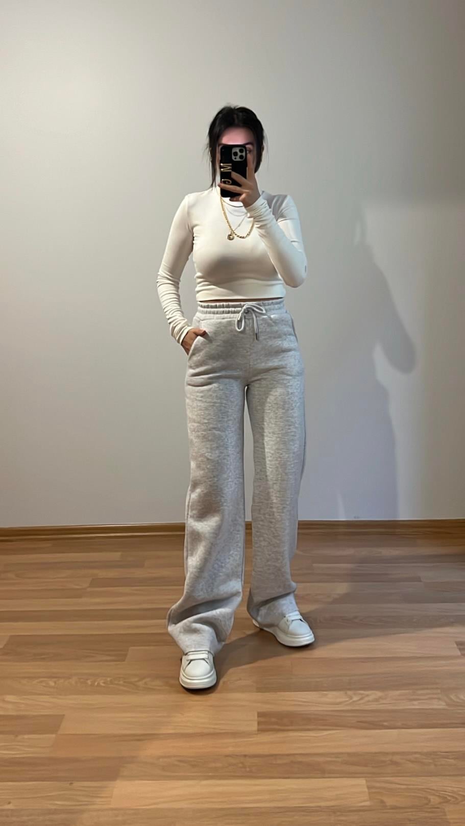 GRİ ÜÇ İPLİK ŞARDONLU PALAZZO PANTOLON