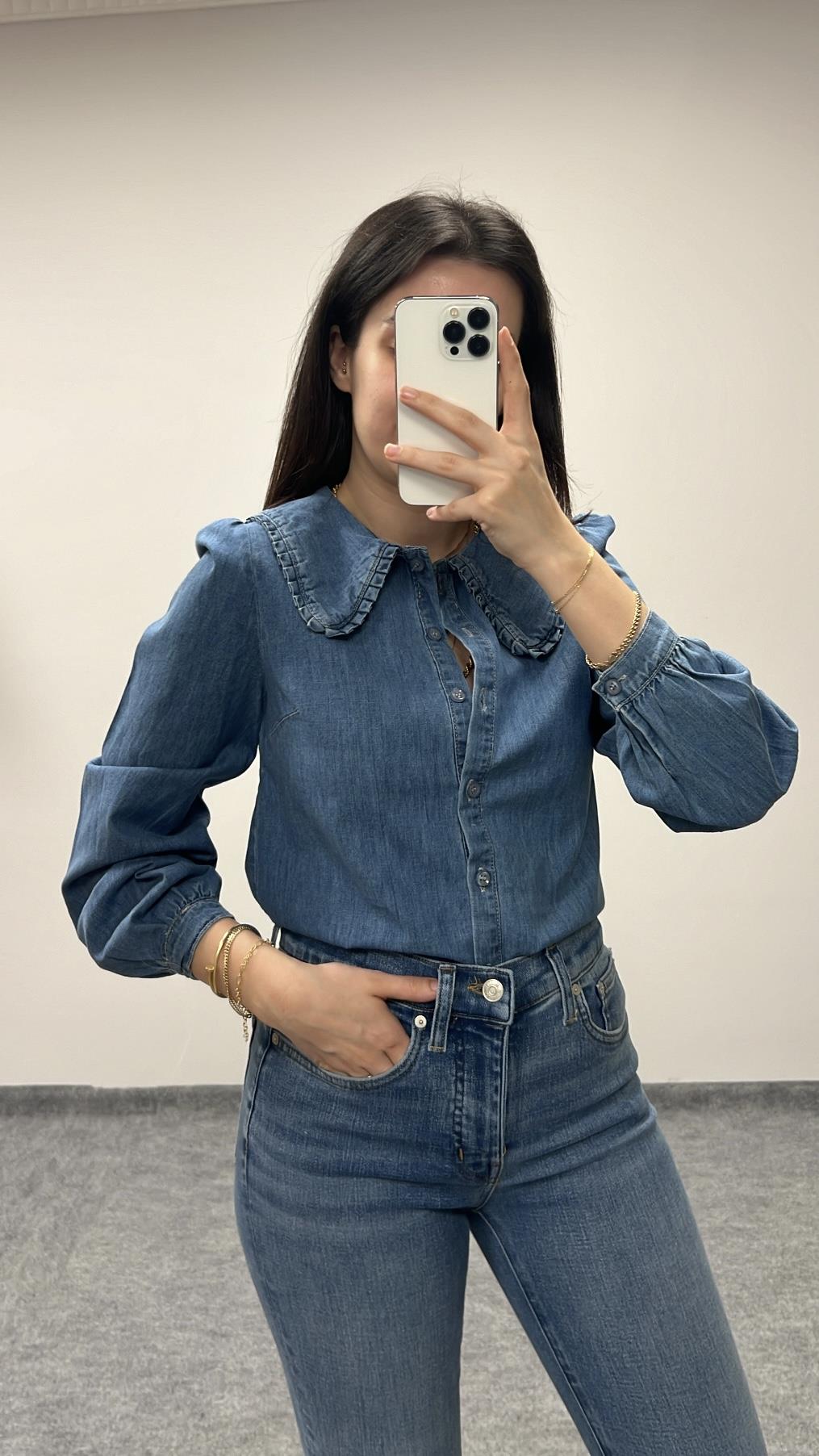 HABİS YAKA DETAY DENİM GÖMLEK