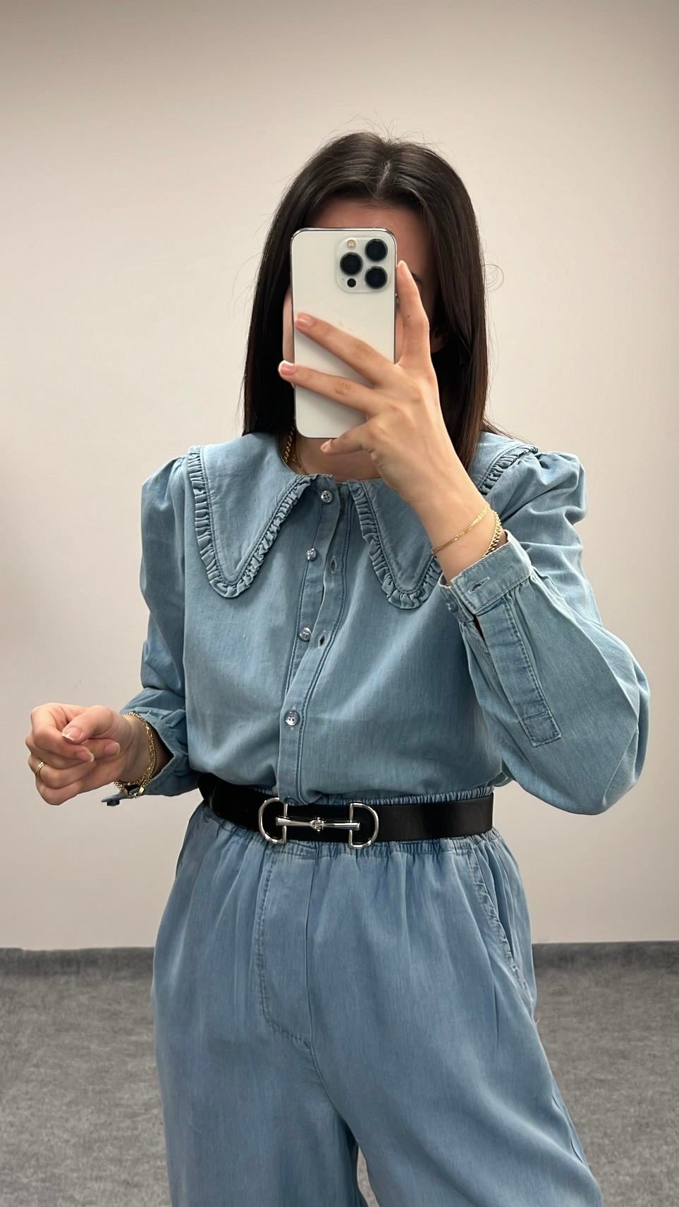 HABİS YAKA DETAY MAVİ DENİM GÖMLEK