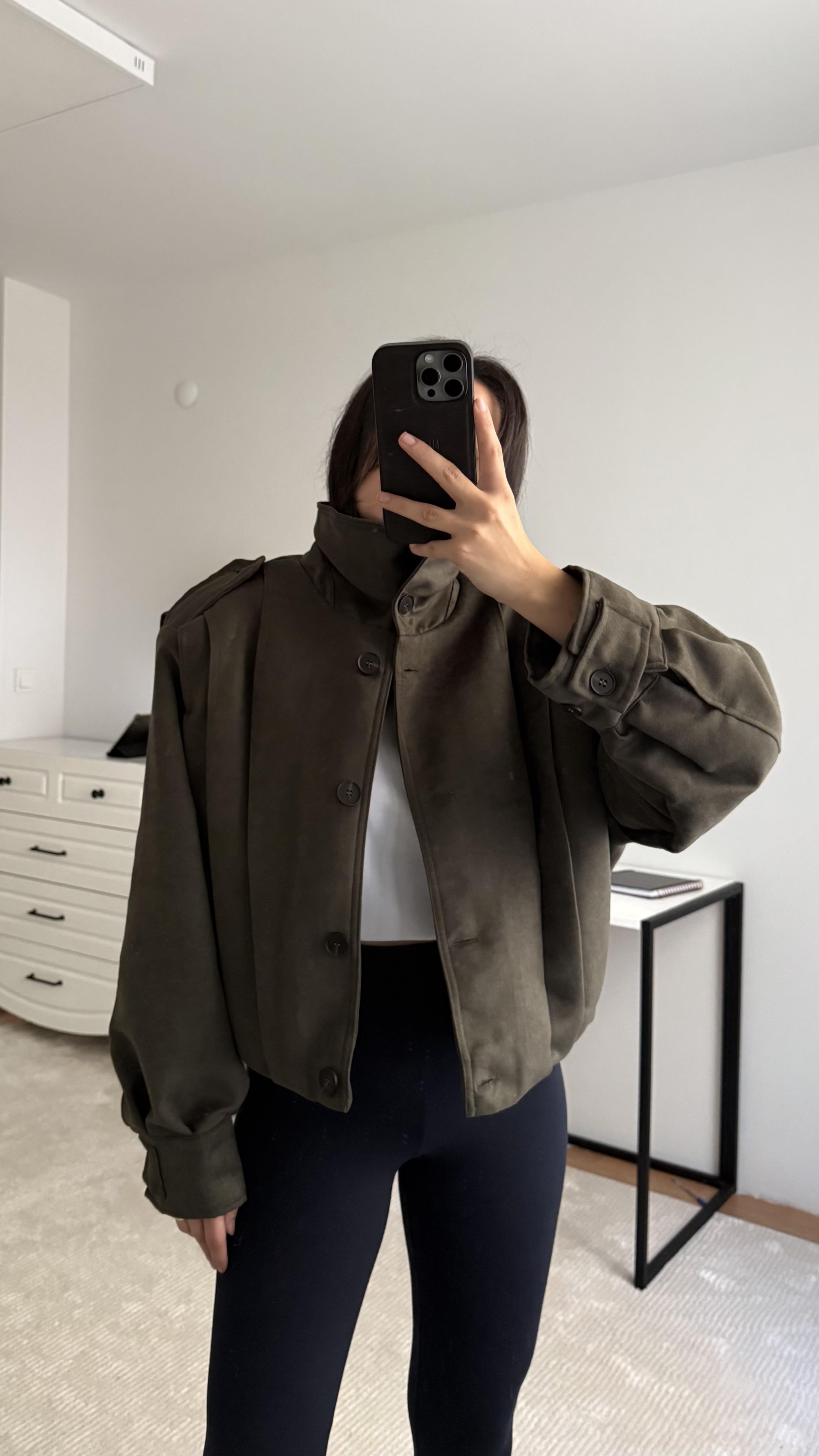 Haki Süet Vatkalı Dik Yaka Bomber Ceket