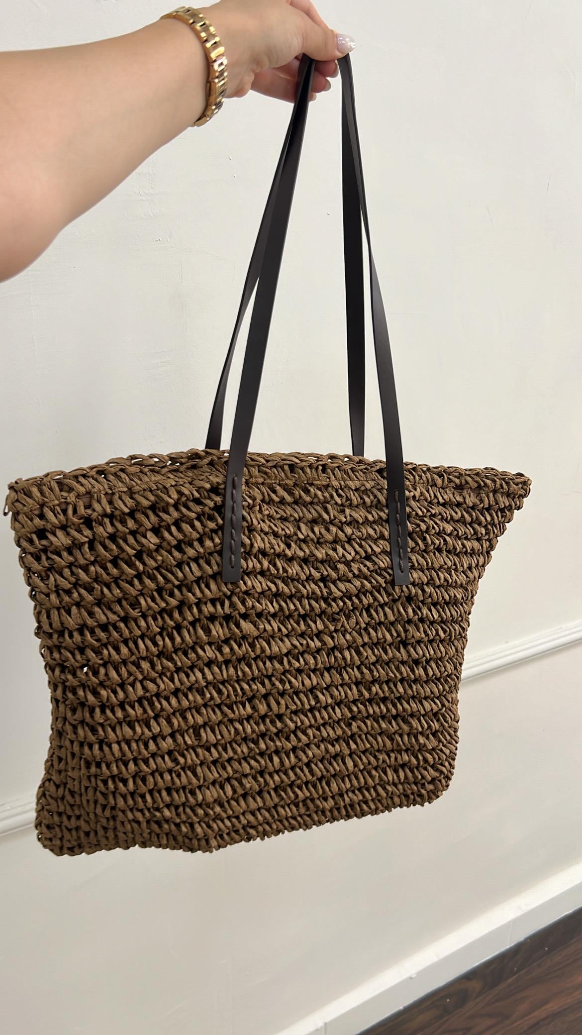 Hakiki Hasır Örme Koyu Kahve Deri Saplı Çanta