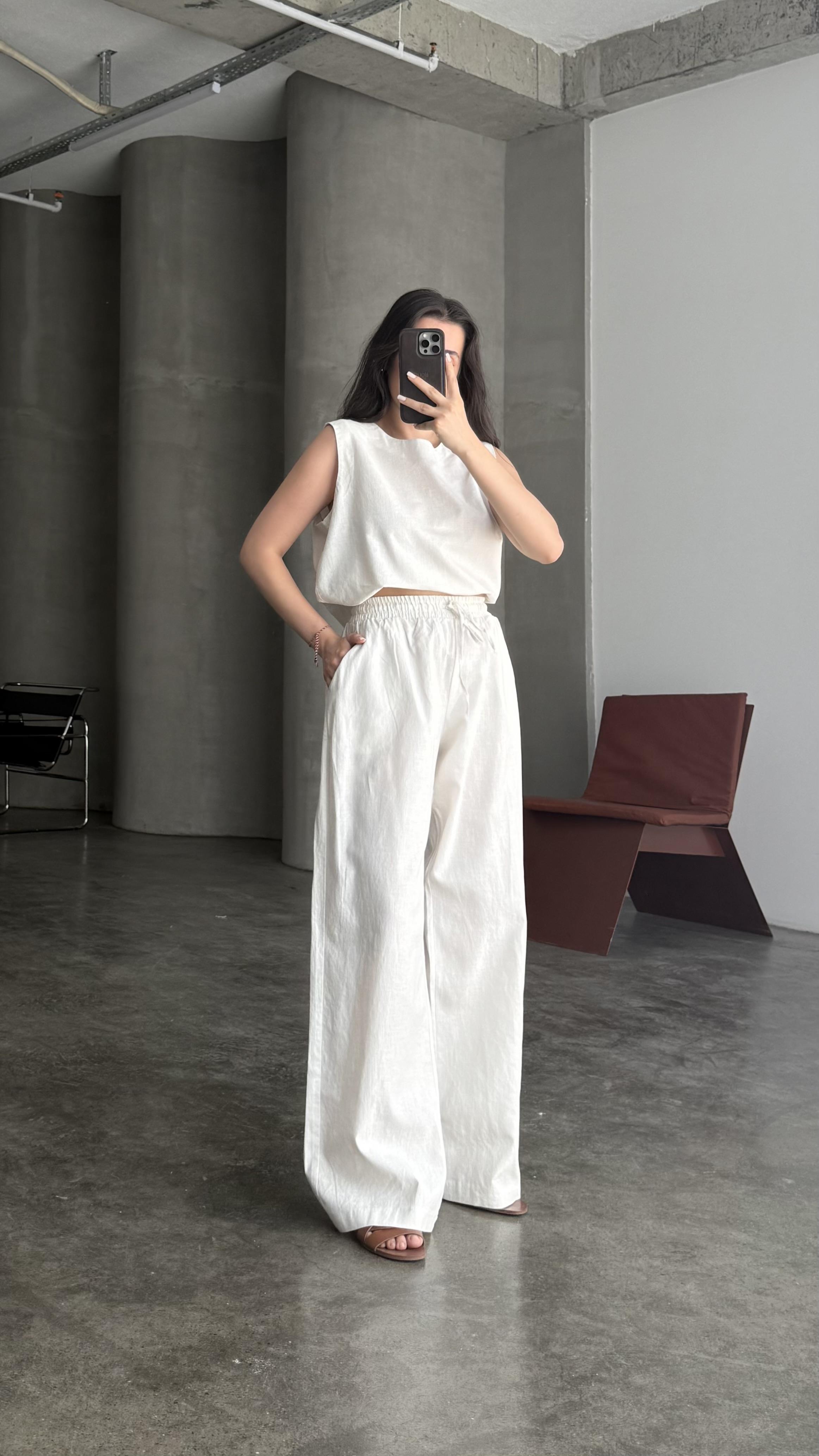 Ham Keten Beyaz Sıfır Kol Bluz Pantalon Takım