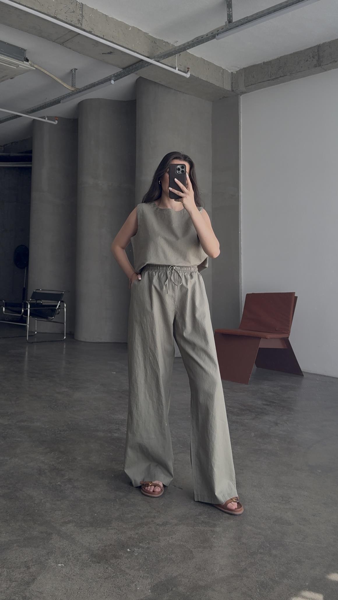 Ham Keten Haki Sıfır Kol Bluz Pantalon Takım