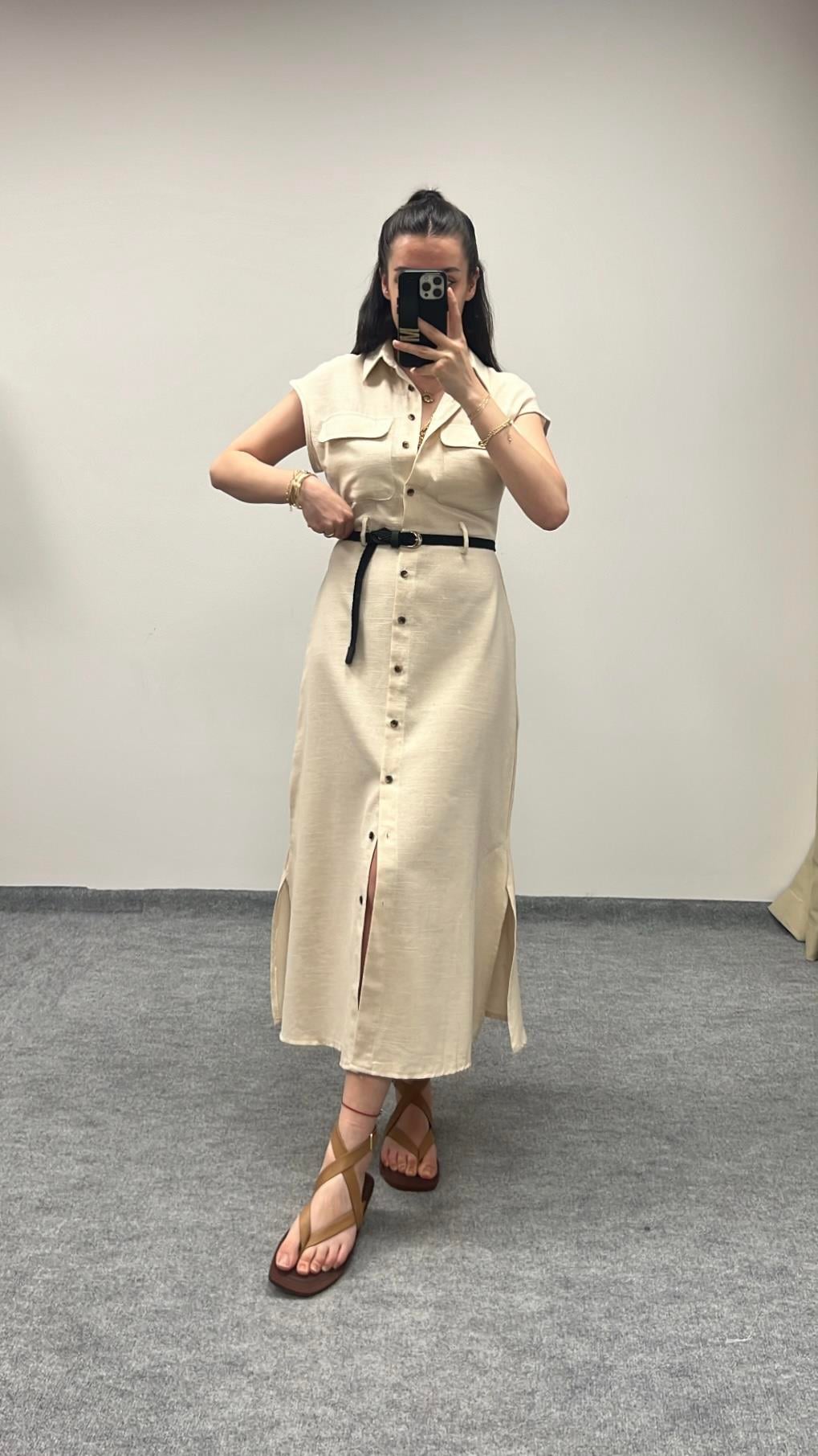 Ham Keten Natural Kemer Detay Düğmeli Elbise