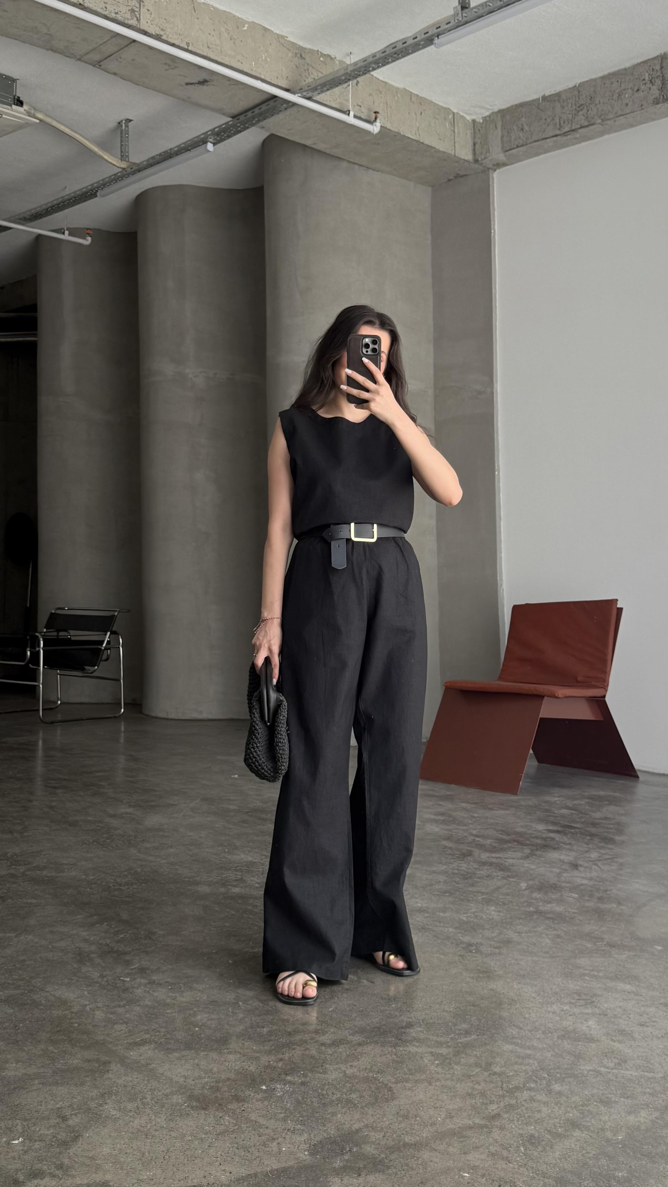 Ham Keten Siyah Sıfır Kol Bluz Pantalon Takım