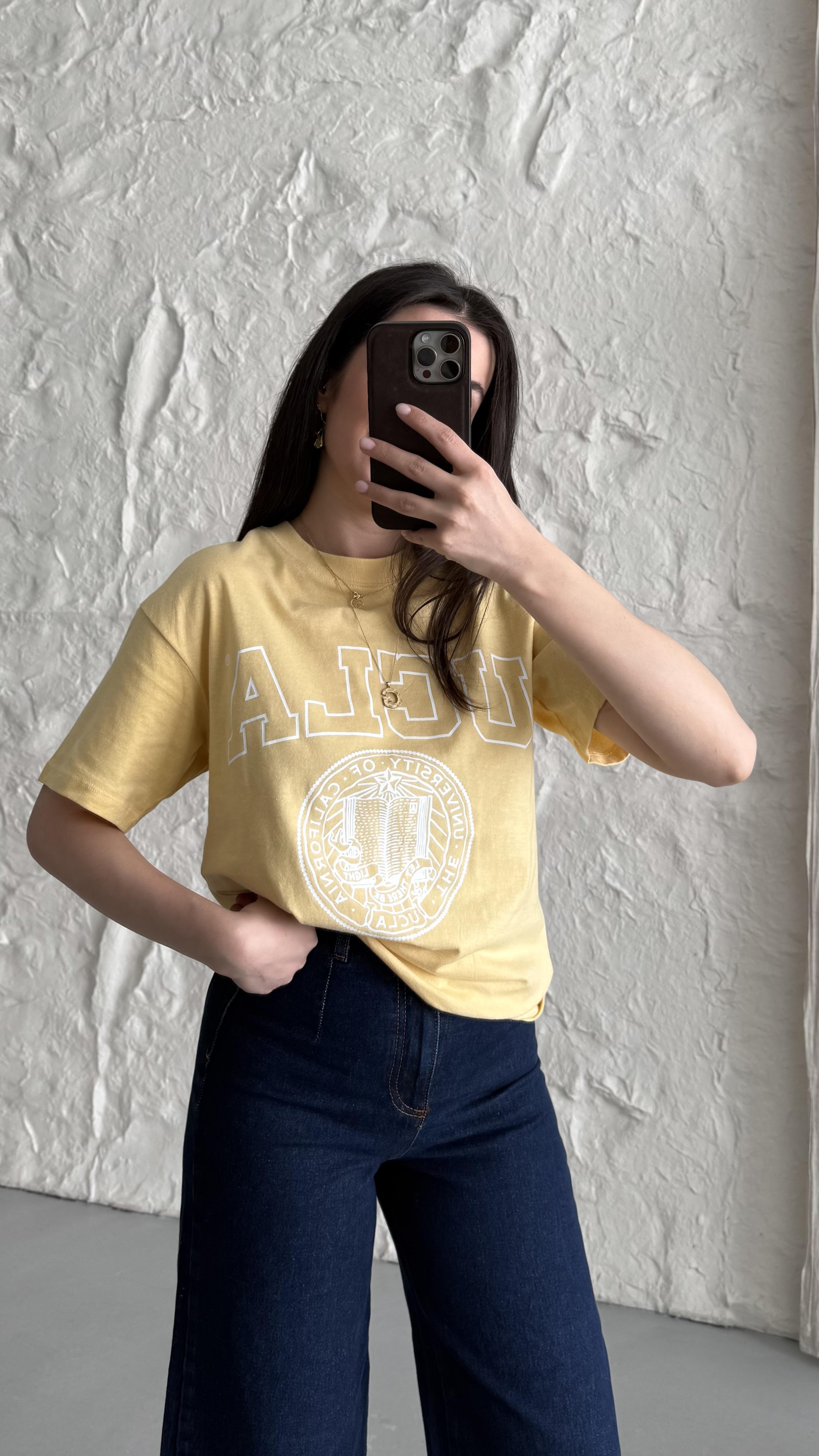 Hn Sarı Baskı Detaylı Basıc Tişört