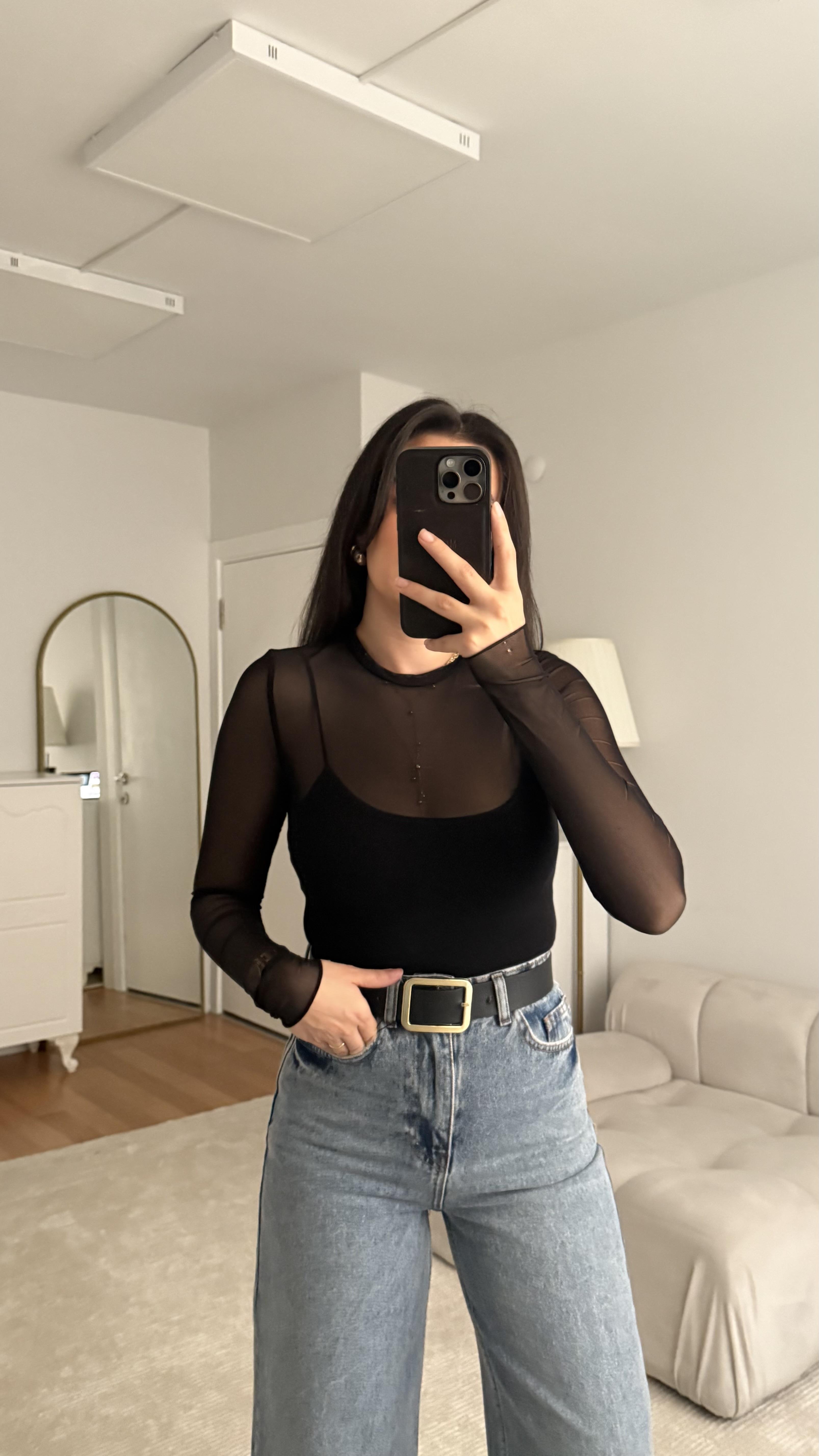H's Siyah Transparan Tül Bodysuit