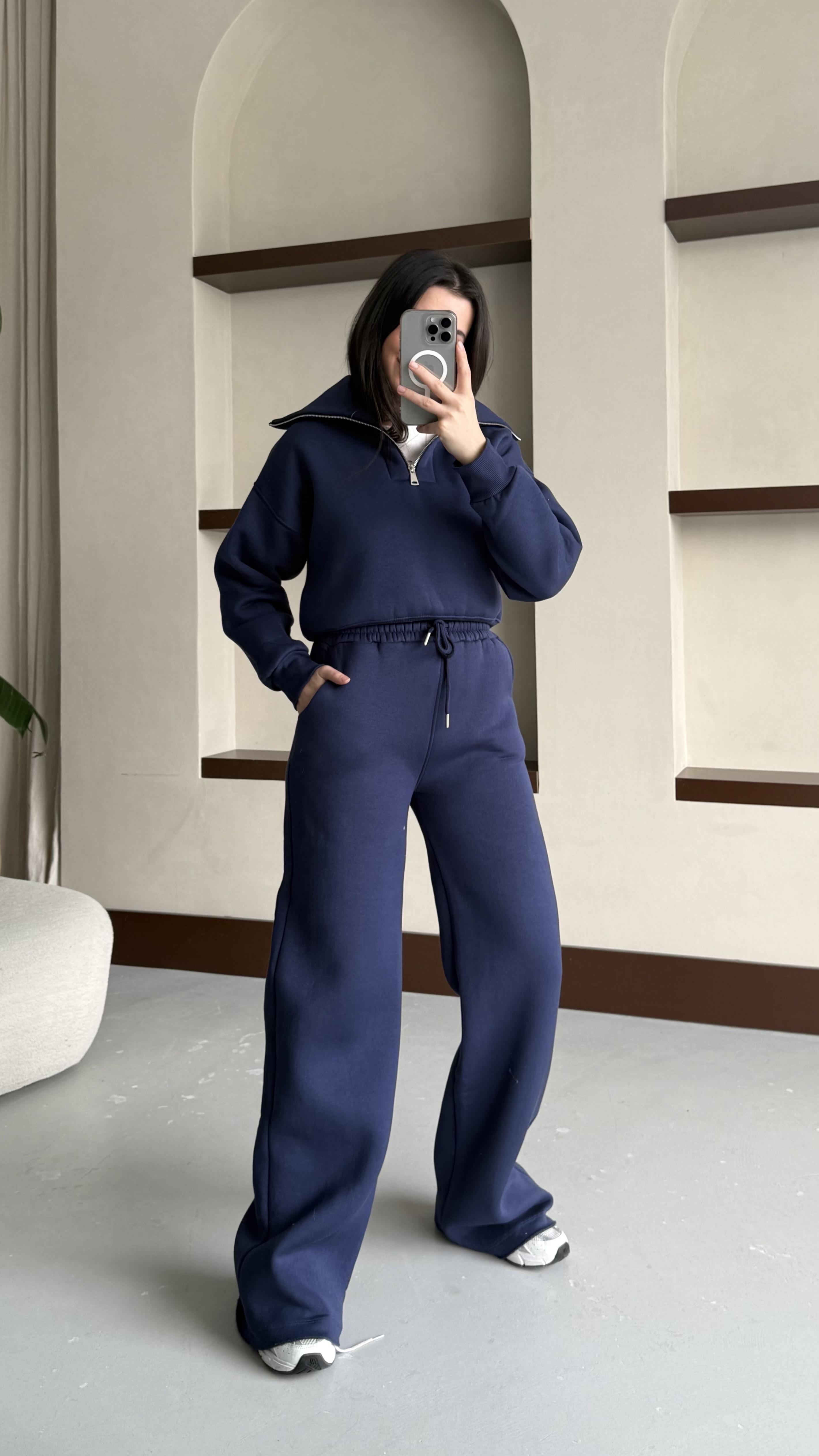 İndigo Pamuklu Fermuarlı Sweatshirt ve Pantolon Takım