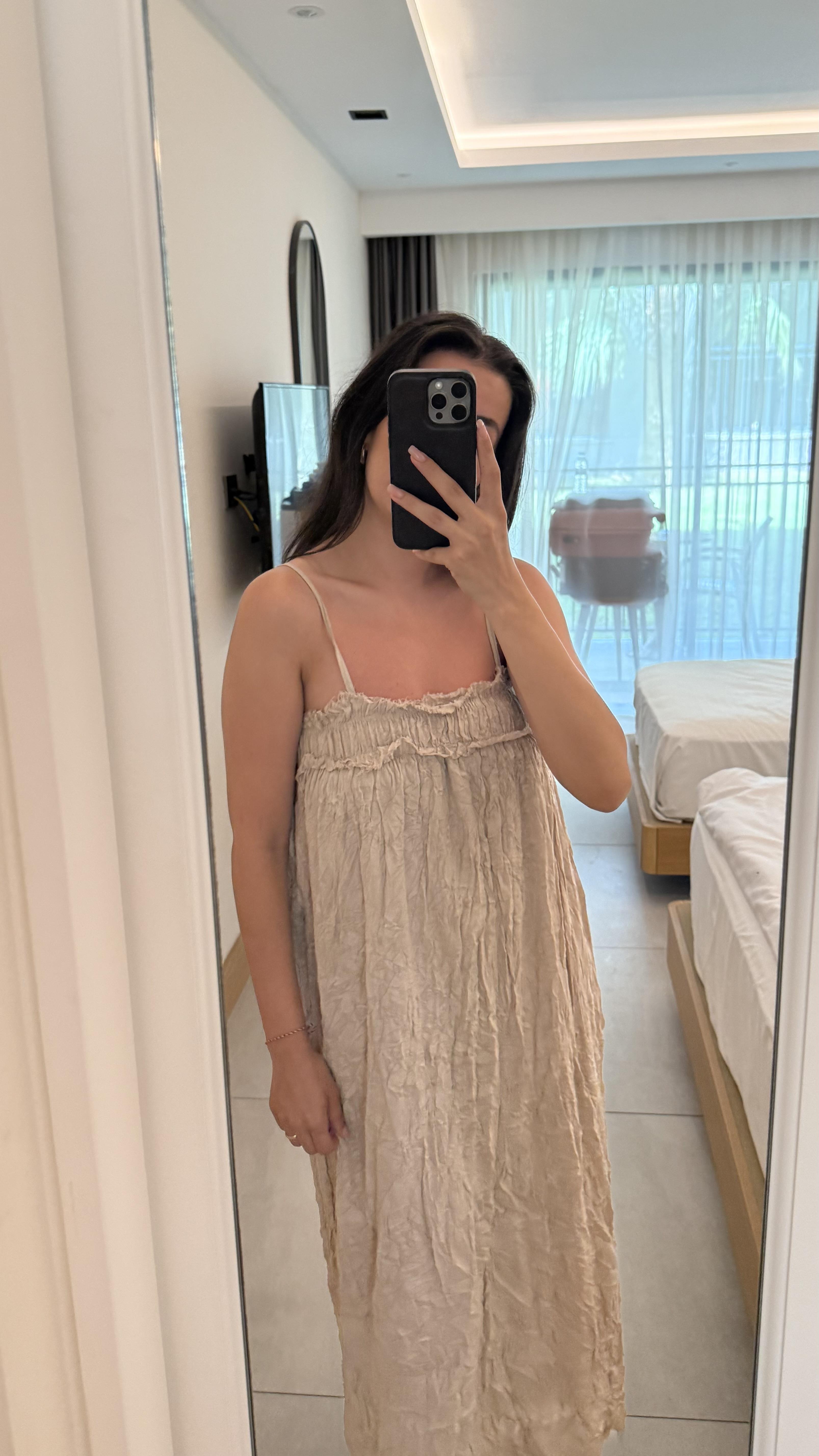 İp Askılı Astarlı Bej Elbise