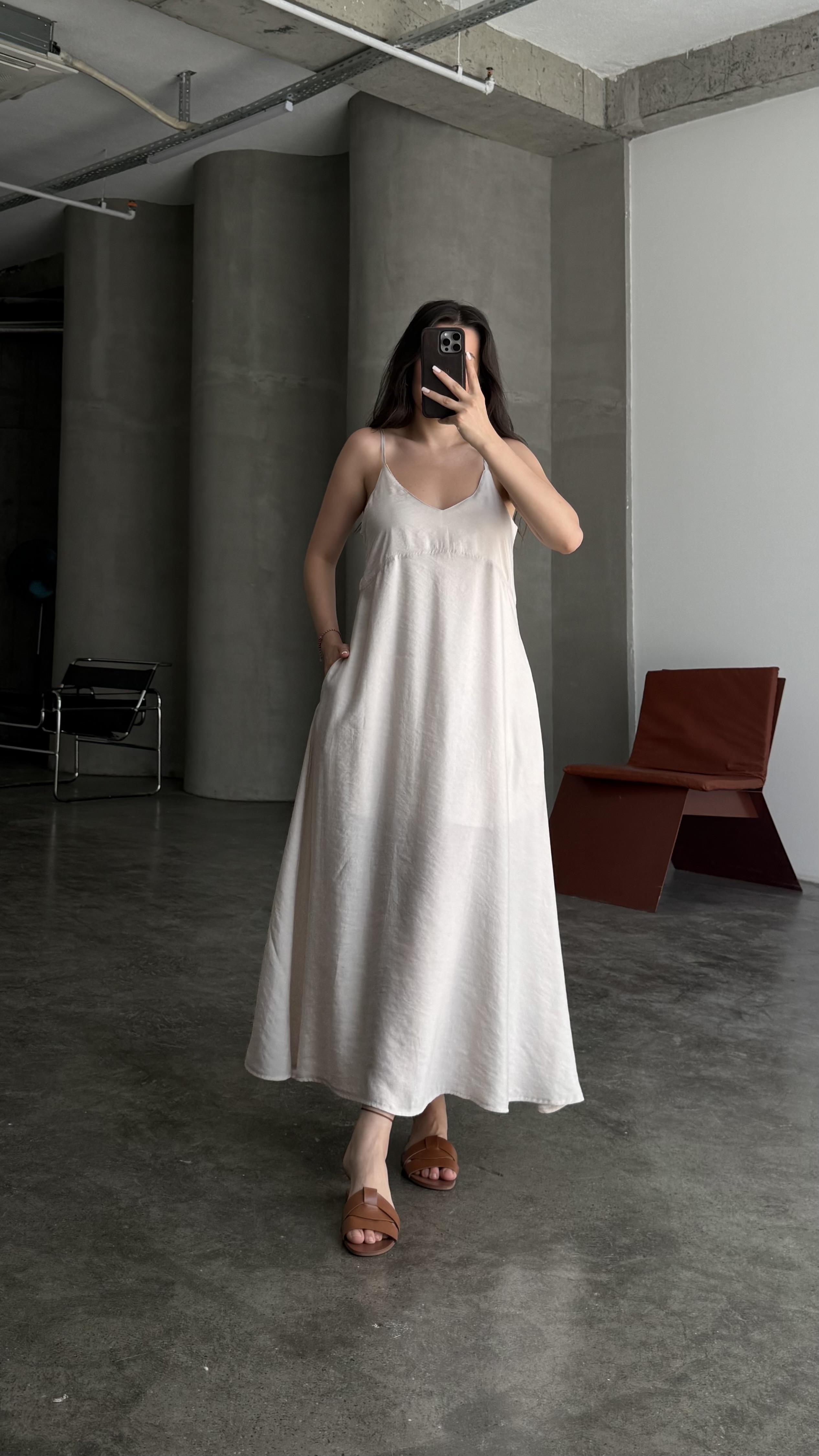 İp Askılı Astarlı Natural Tensel Elbise