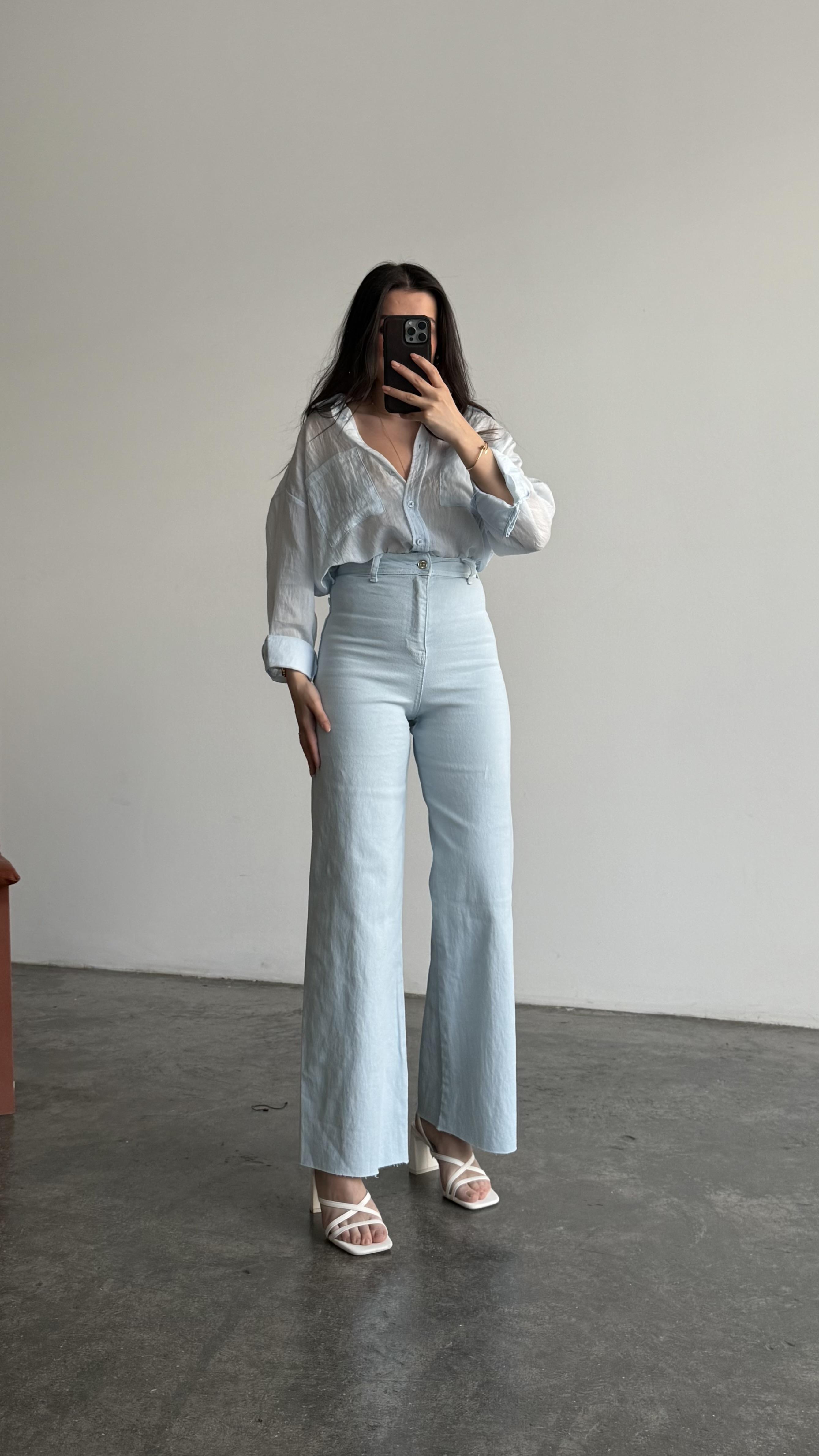 İpek Bebek Mavi Yüksek Bel Wide Leg Jean