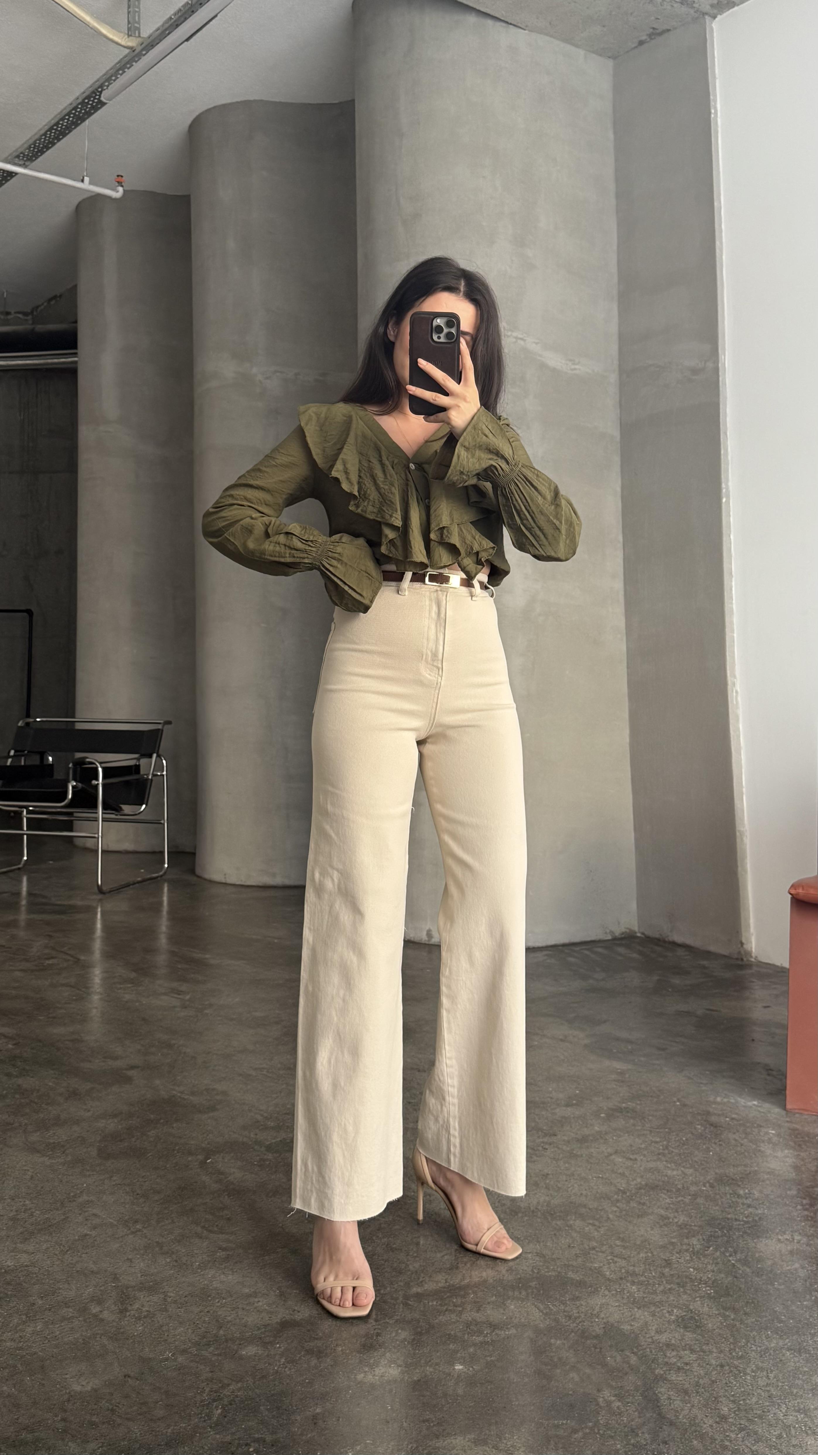 İpek Soft Krem Yüksek Bel Wide Leg Jean