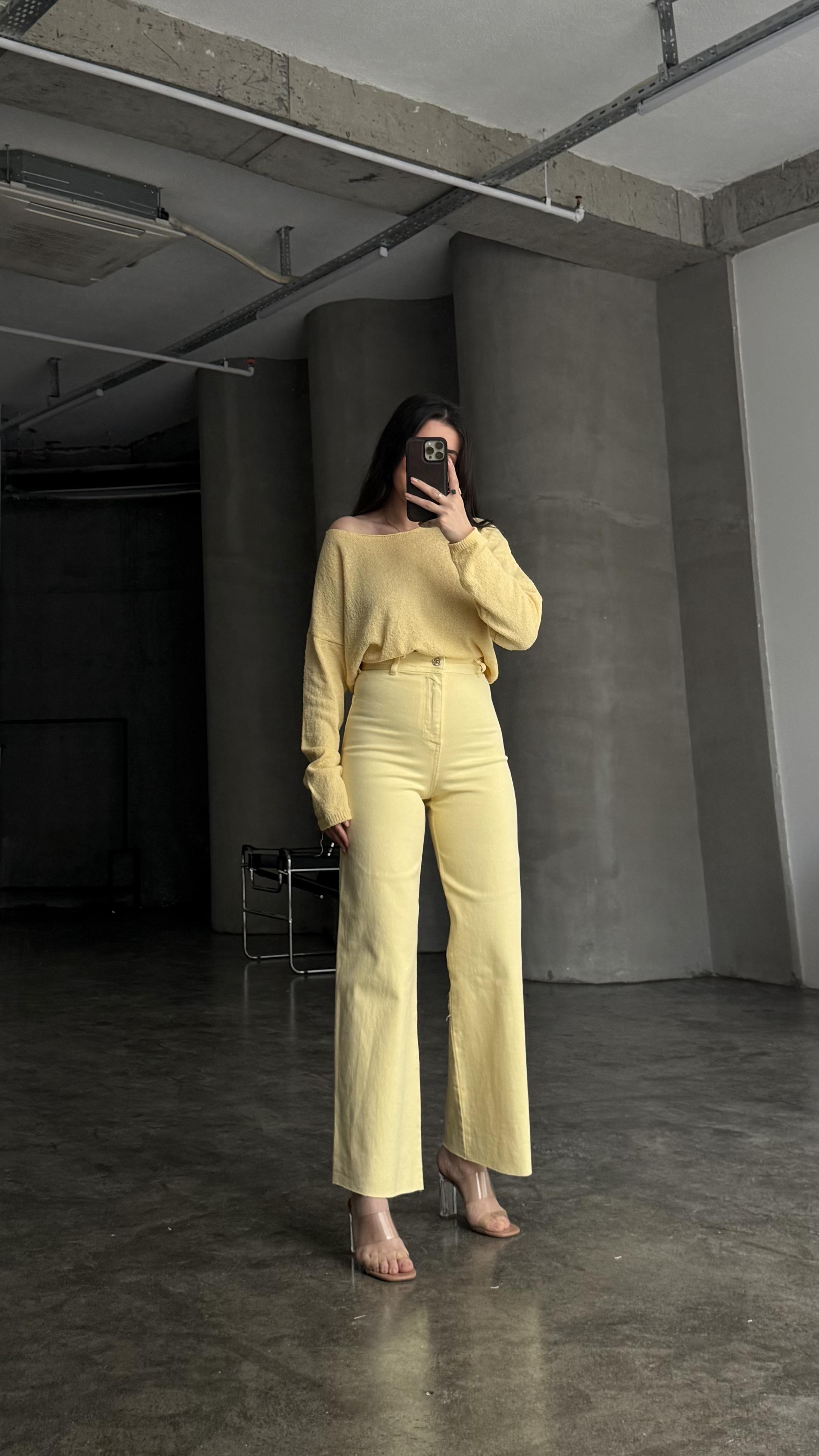 İpek Soft Sarı Yüksek Bel Wide Leg Jean