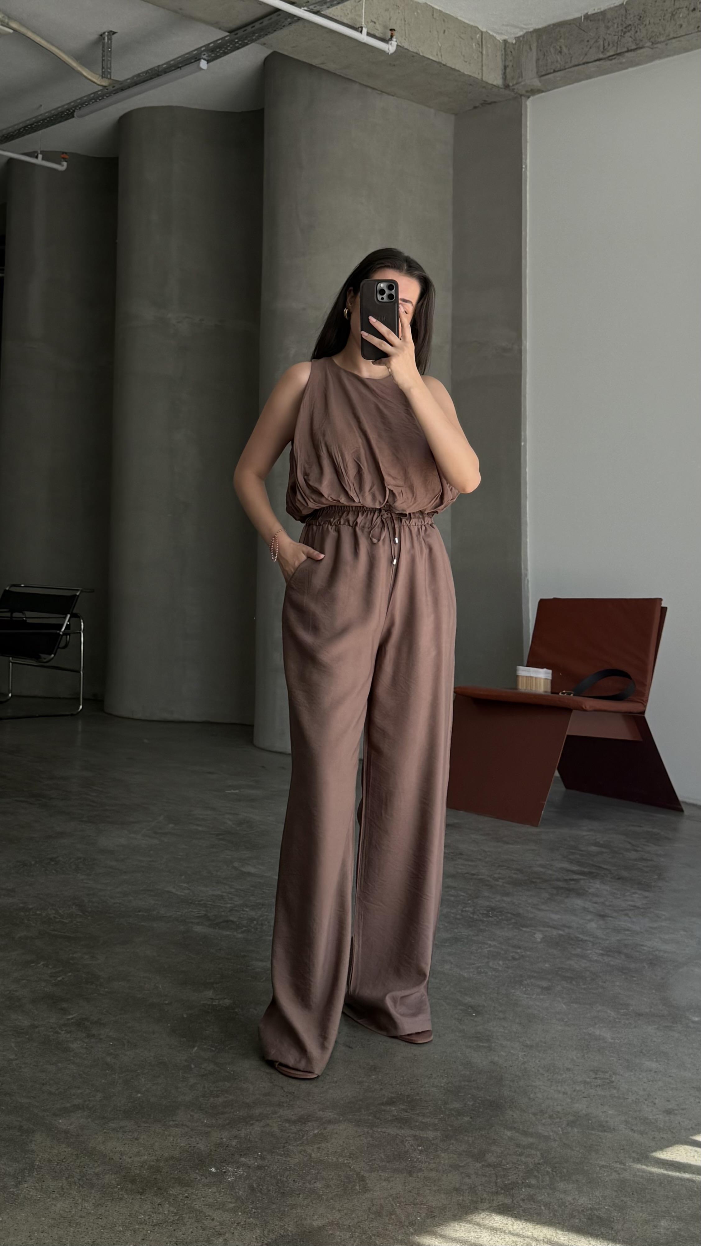 Kahve Balon Bluz Pantolon takım