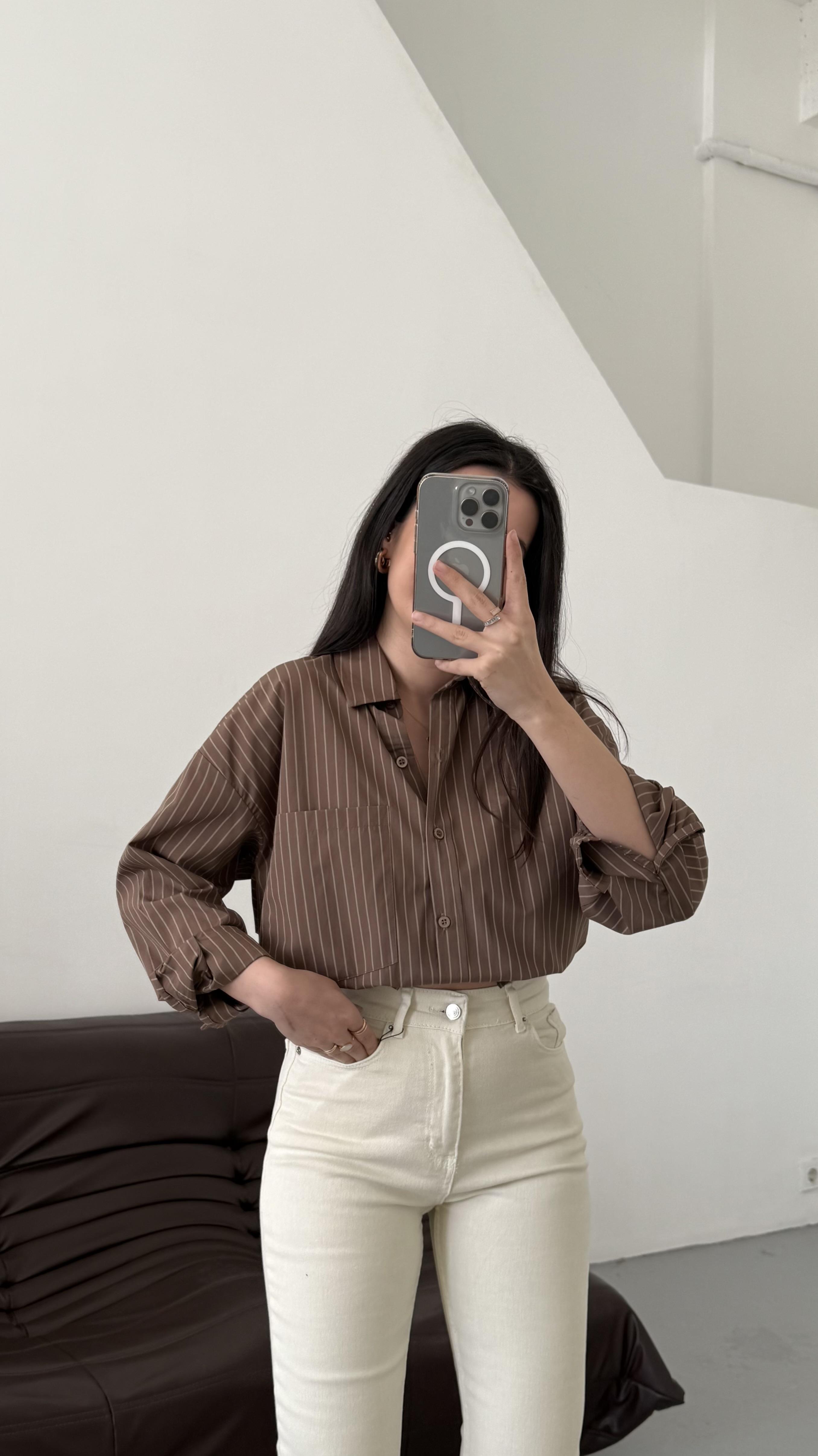 Kahve Bej Çizgili Oversize Gömlek