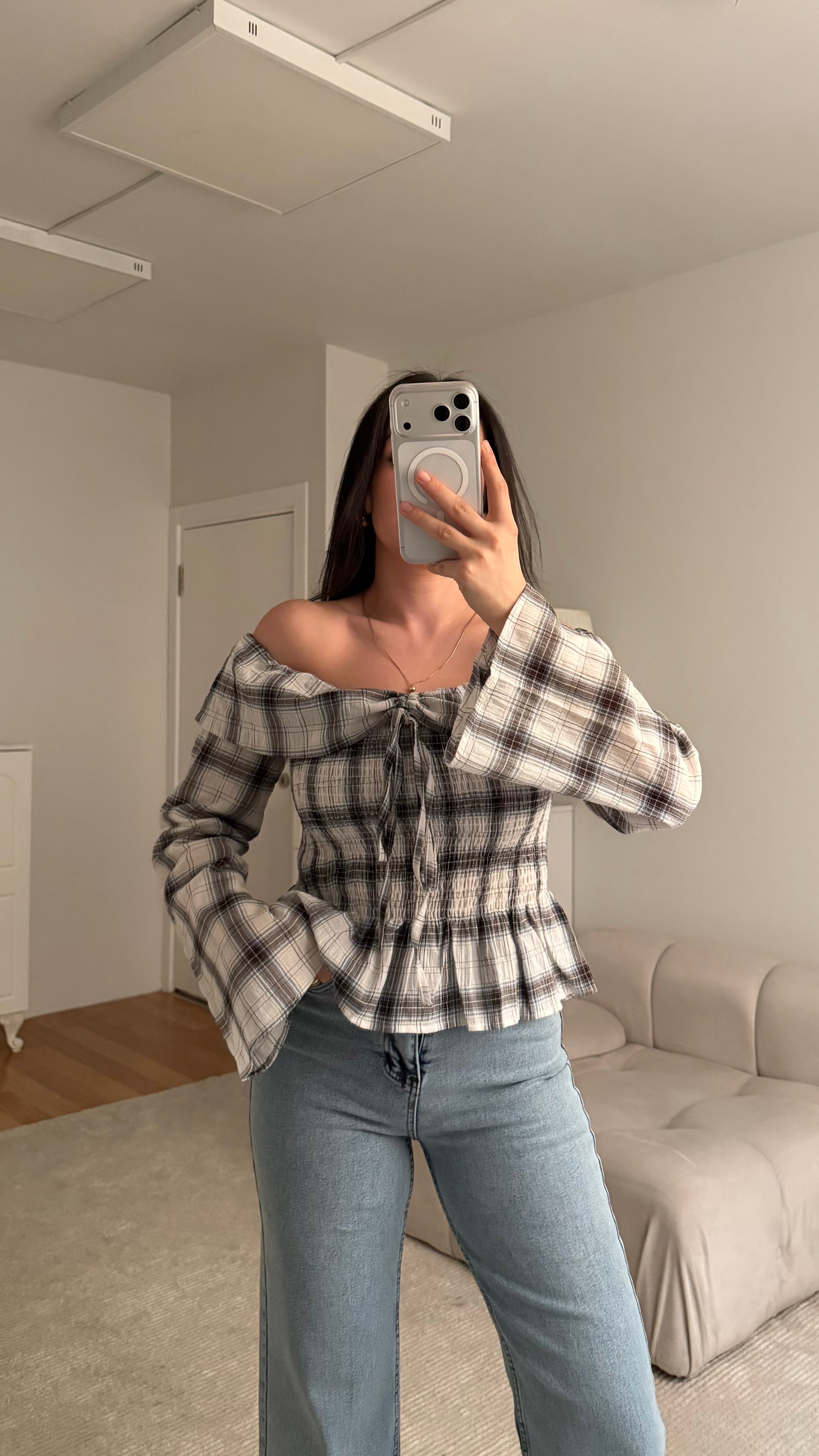 Kahve Bej Straplez Gipeli Ekose Bluz