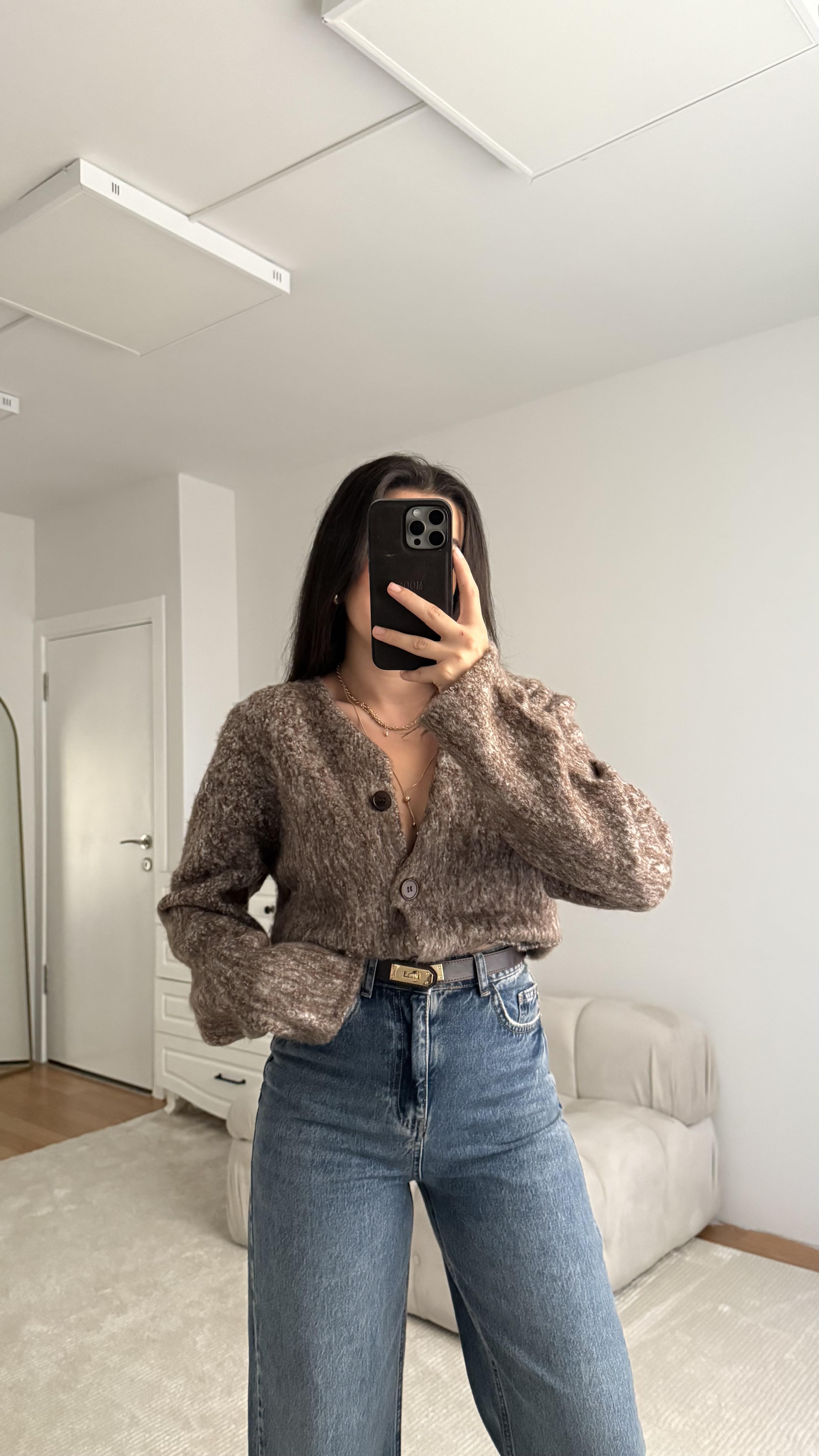 Kahve Bisiklet Yaka Cepli Hırka