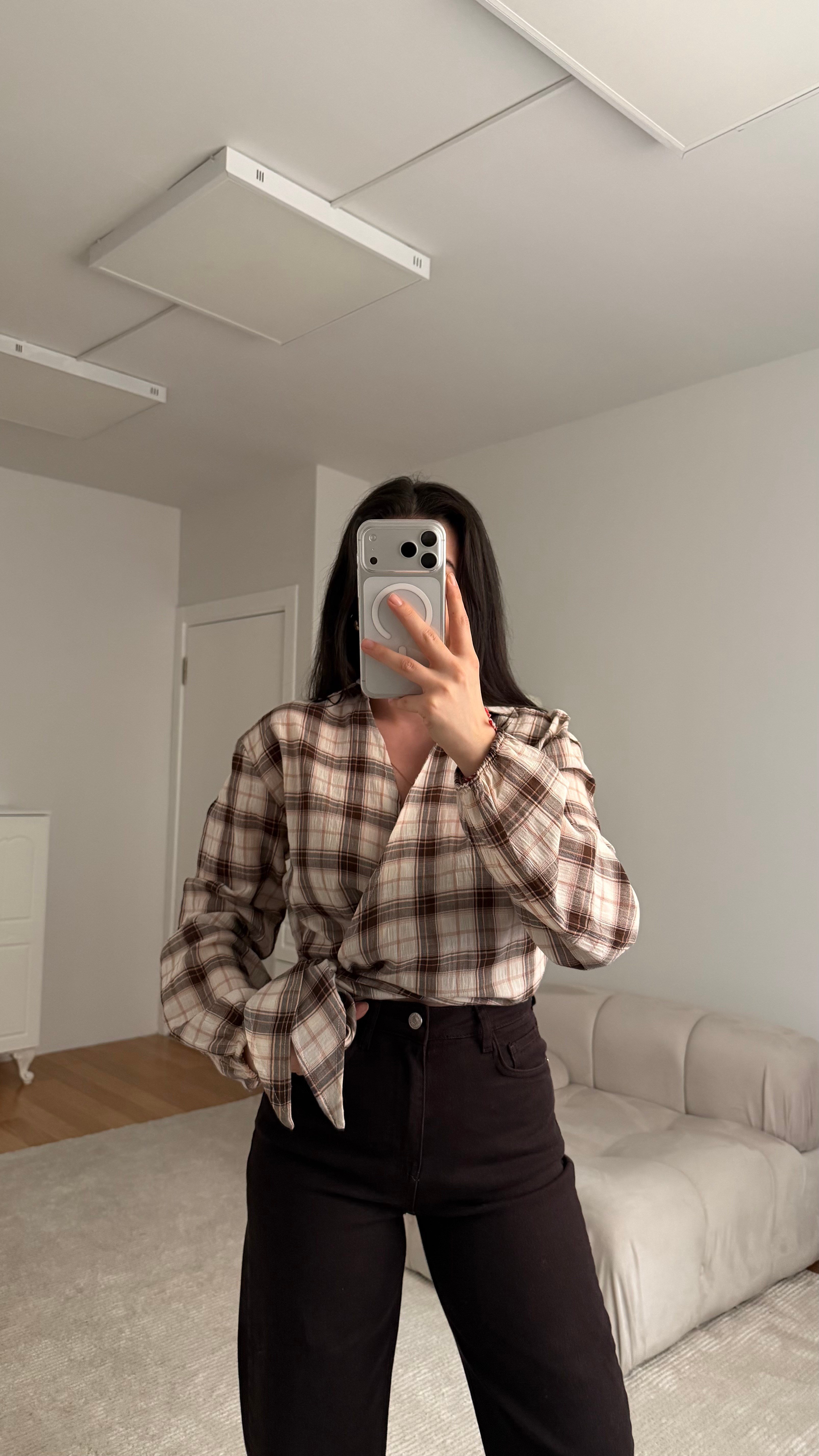 Kahve Çift Bağlamalı Ekose Desen  Gömlek