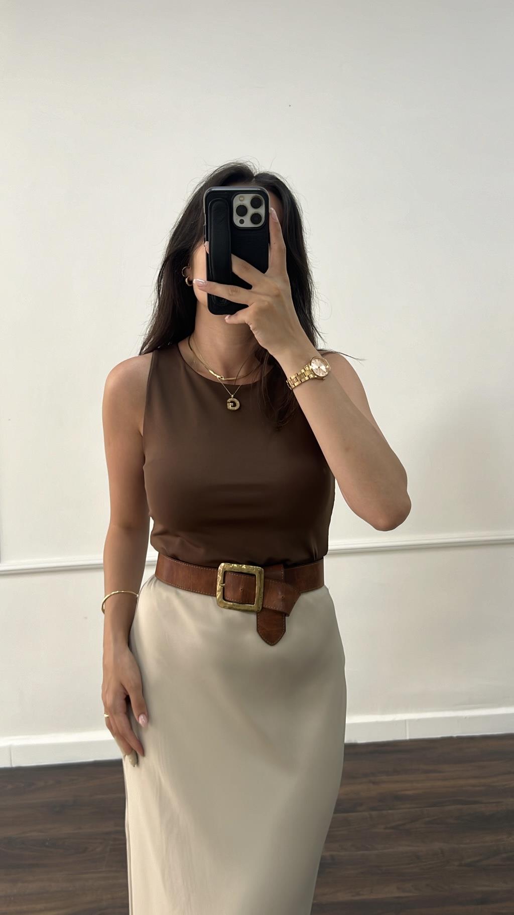 Kahve Çift Katlı Halter Yaka Top