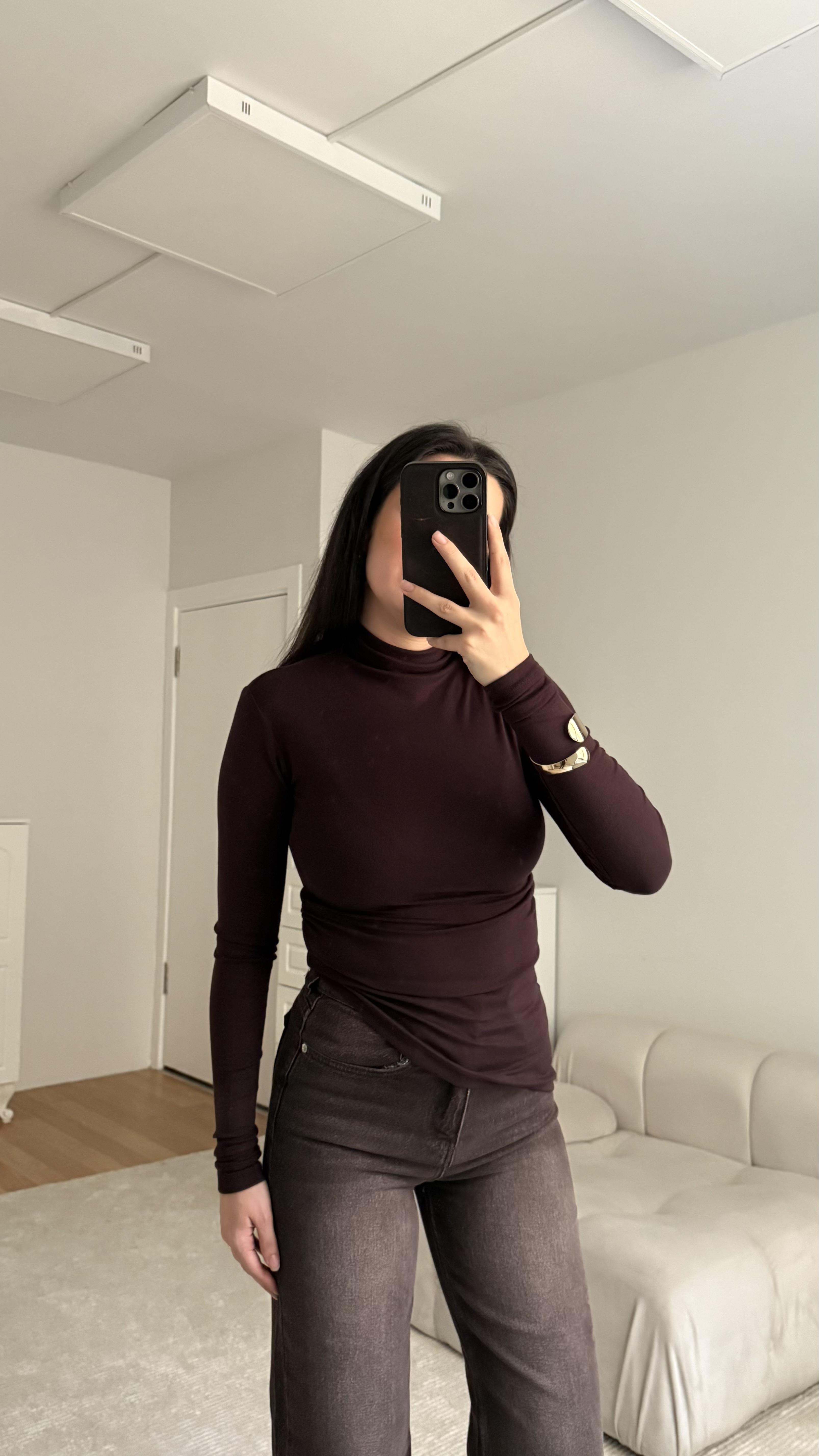 Kahve Dik Yaka Drapeli Bluz