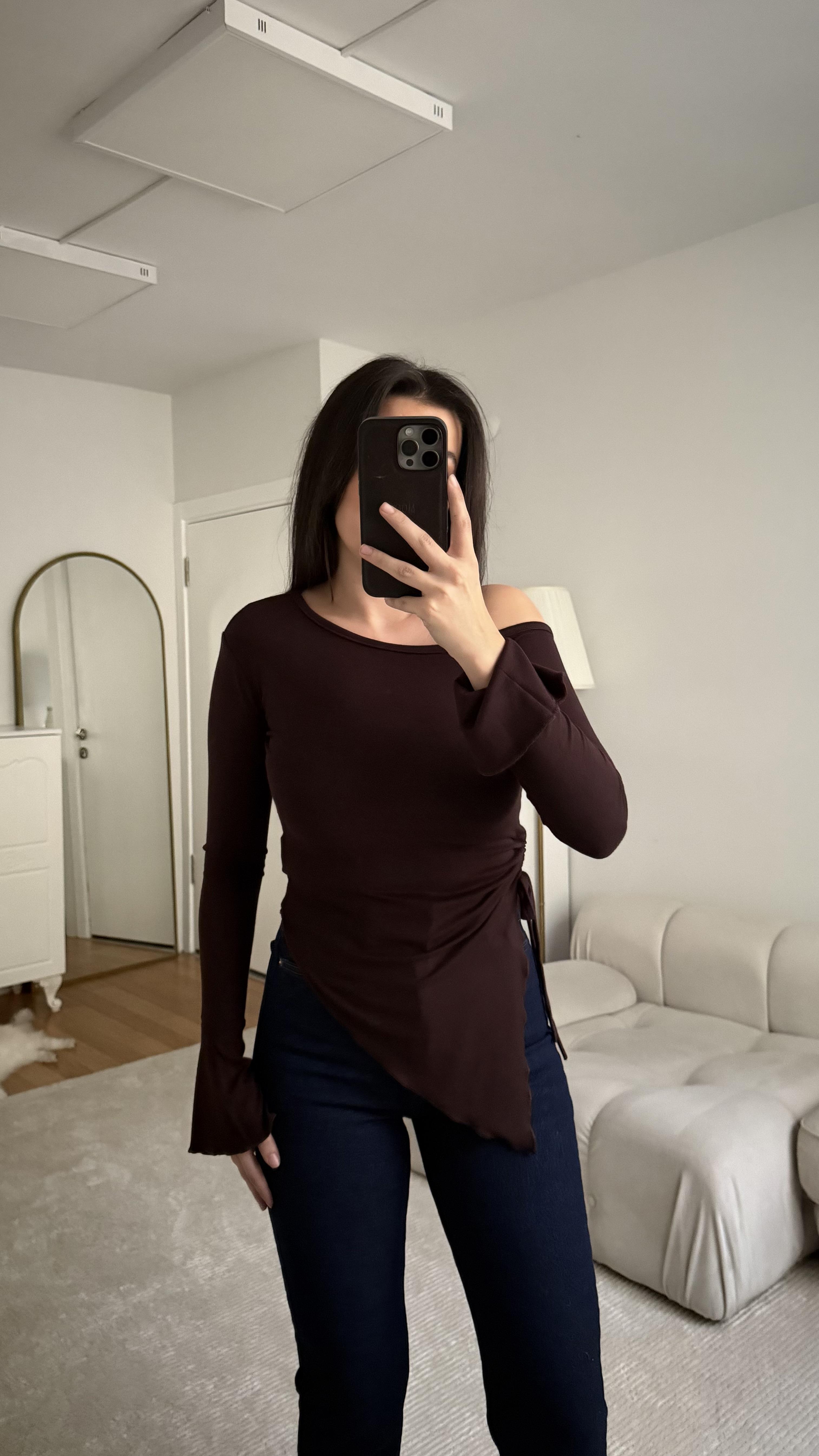 Kahve Drapeli Kayık Yaka Bluz