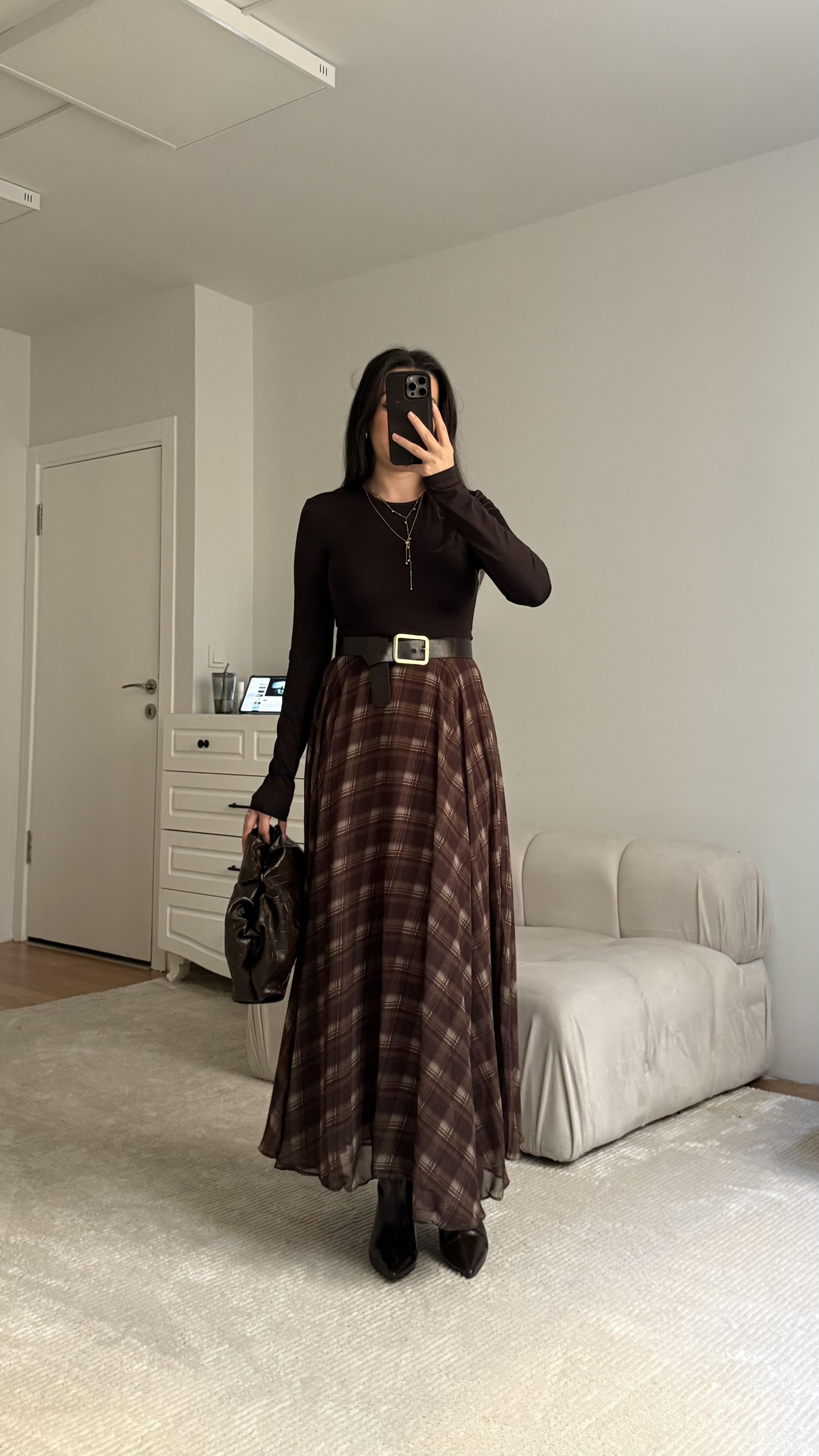 Kahve Ekose Desen Astarlı Etek