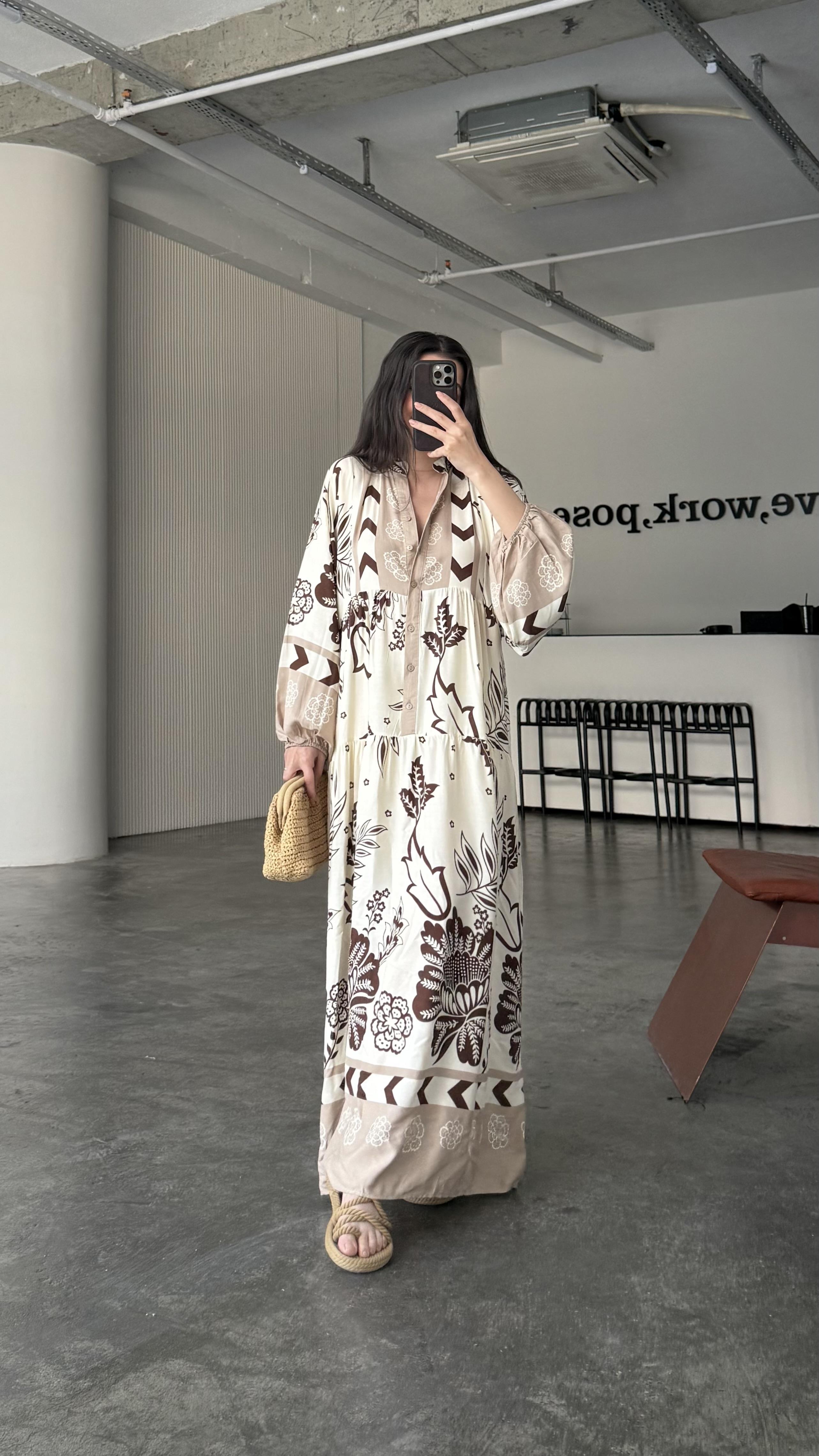 Kahve Krem Viskon Elbise