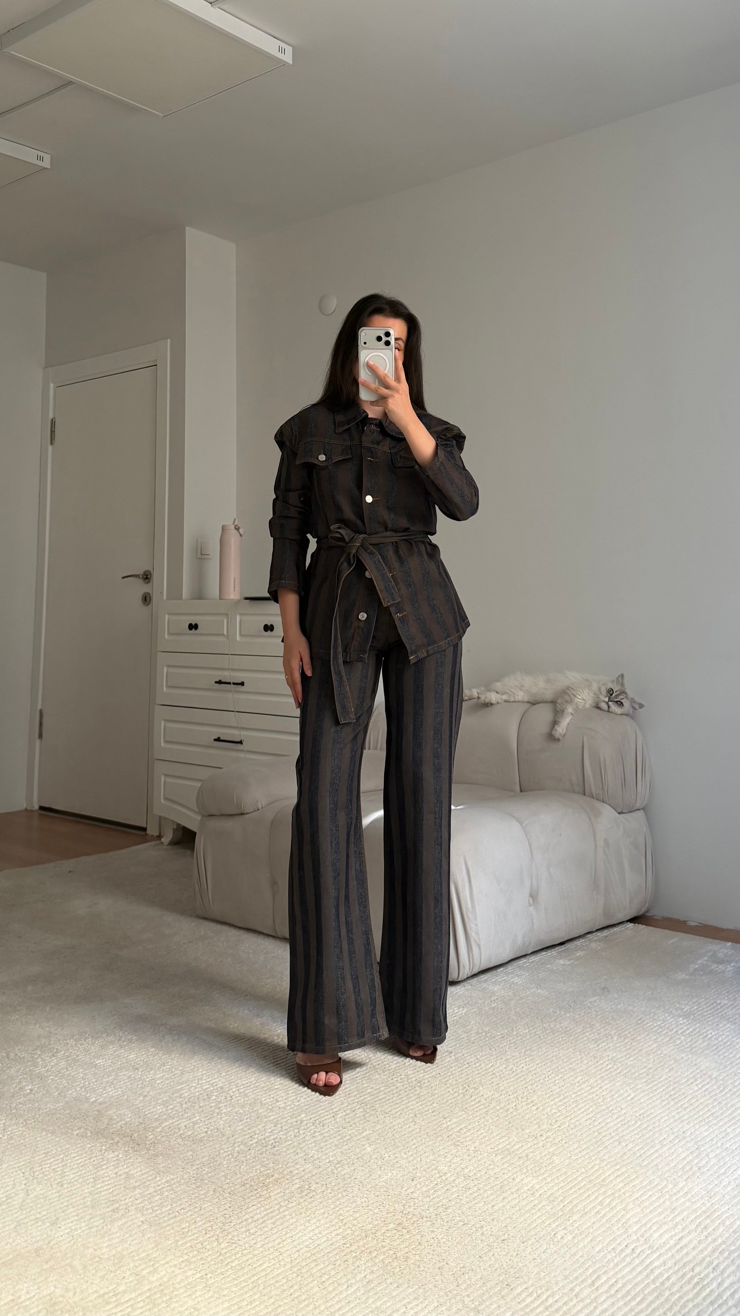 Kahve Lacivert Elegant Kemerli Denim Ceket Takım