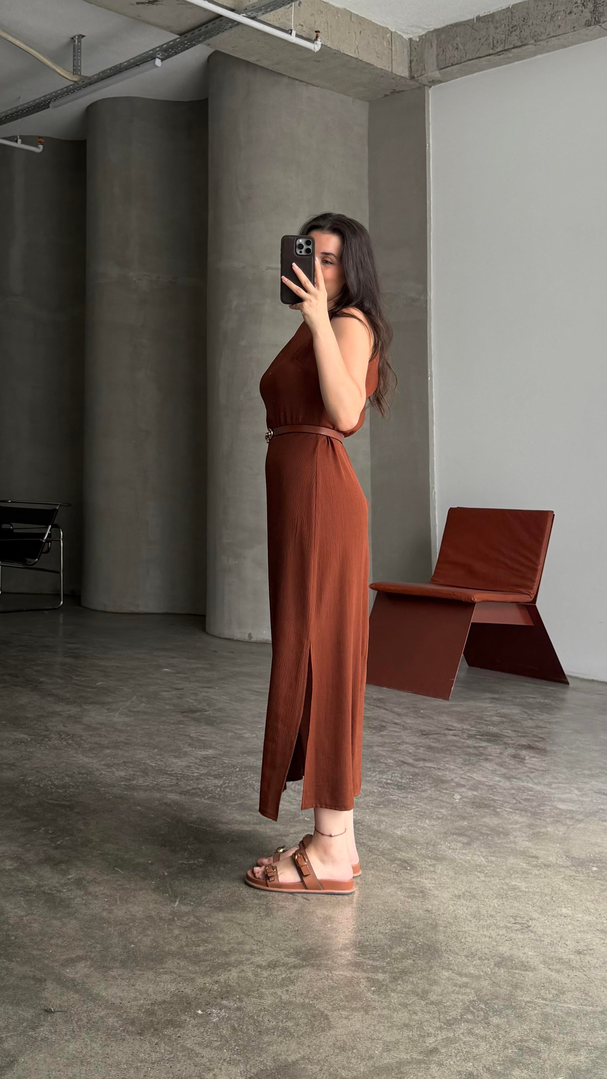 Kahve Müslin Halter Yaka  Midi elbise