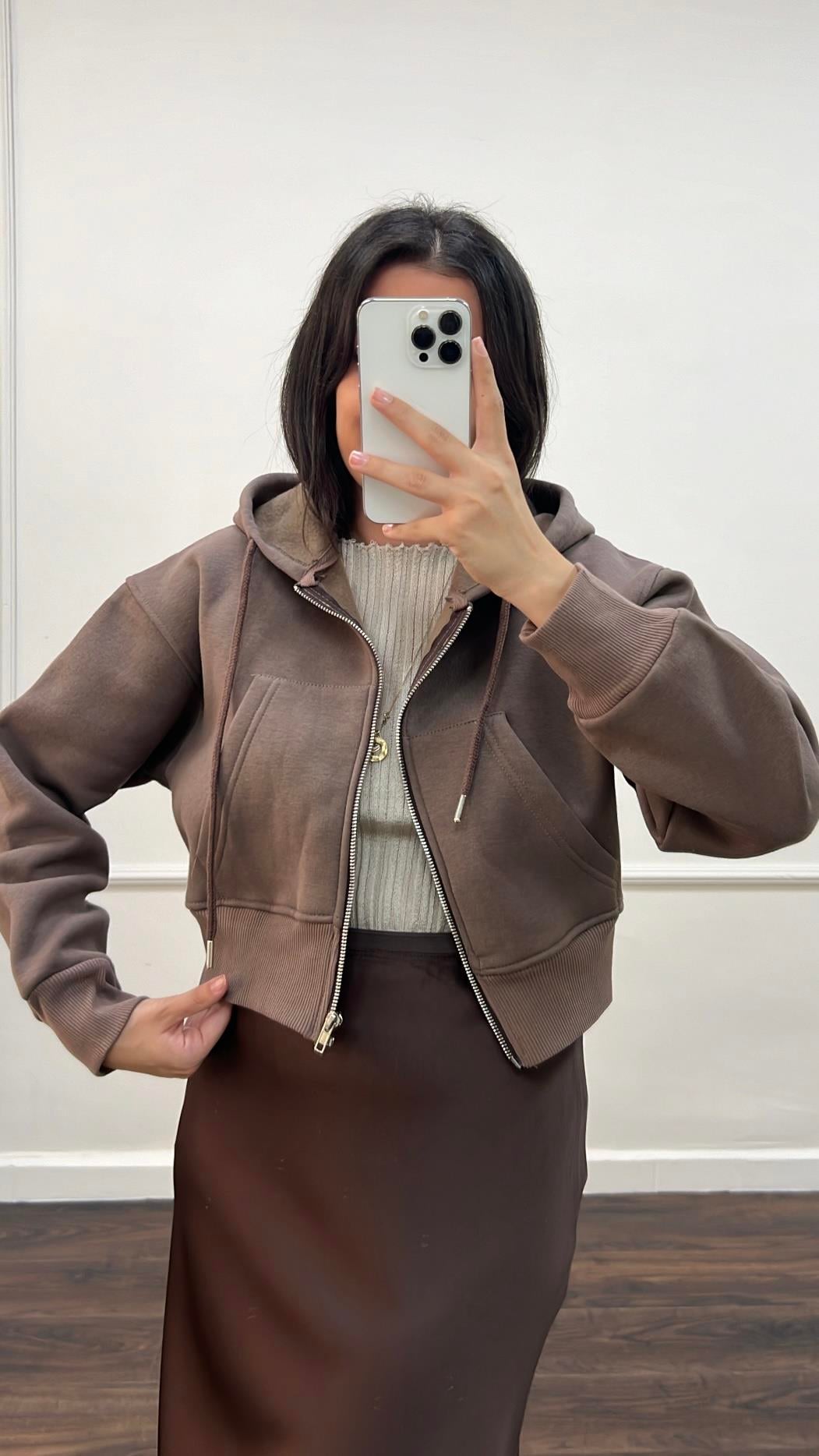 Kahve Pamuklu Crop Kapşonlu Sweat