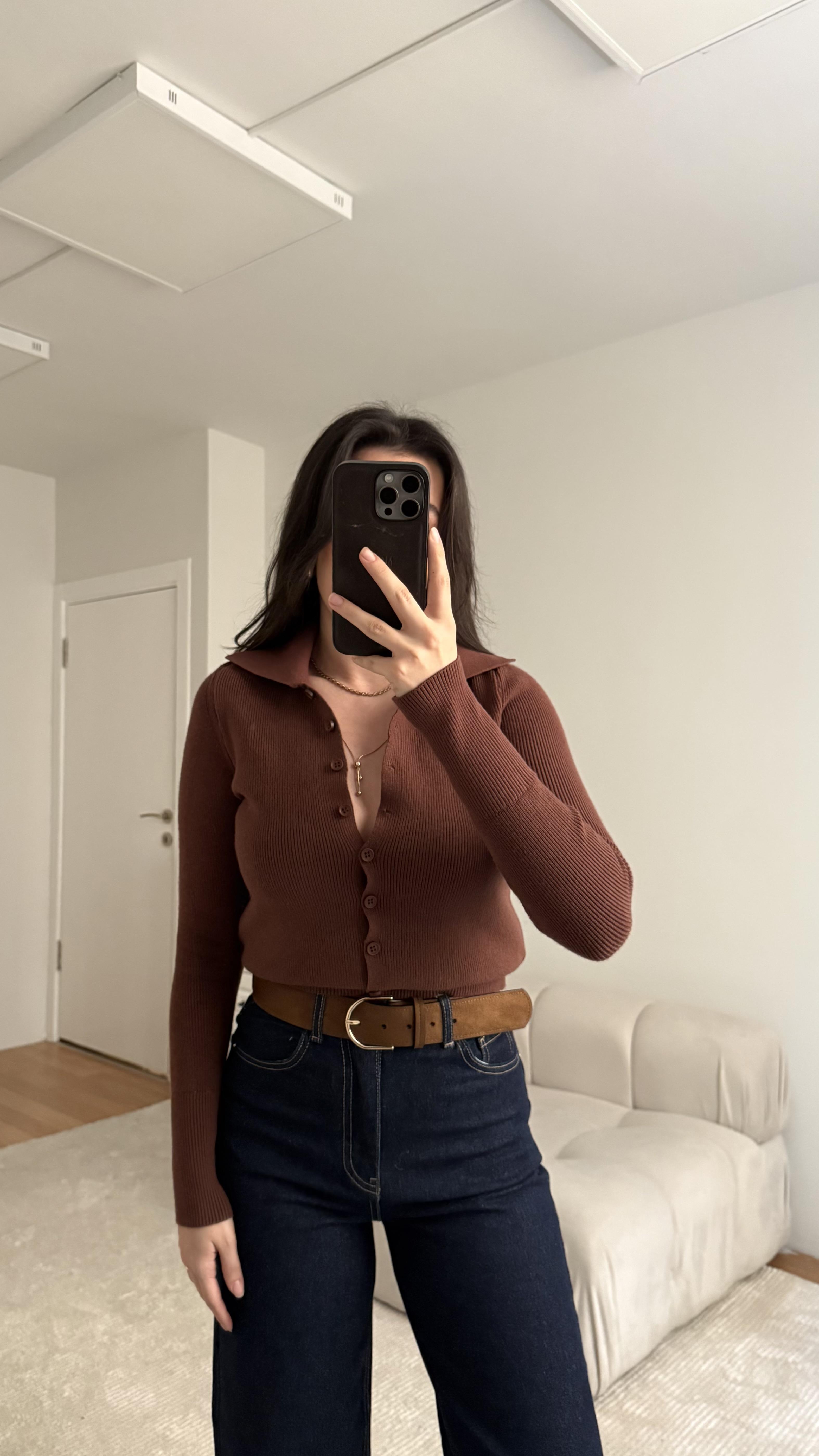 Kahve Polo Yaka Full Düğmeli Bluz 