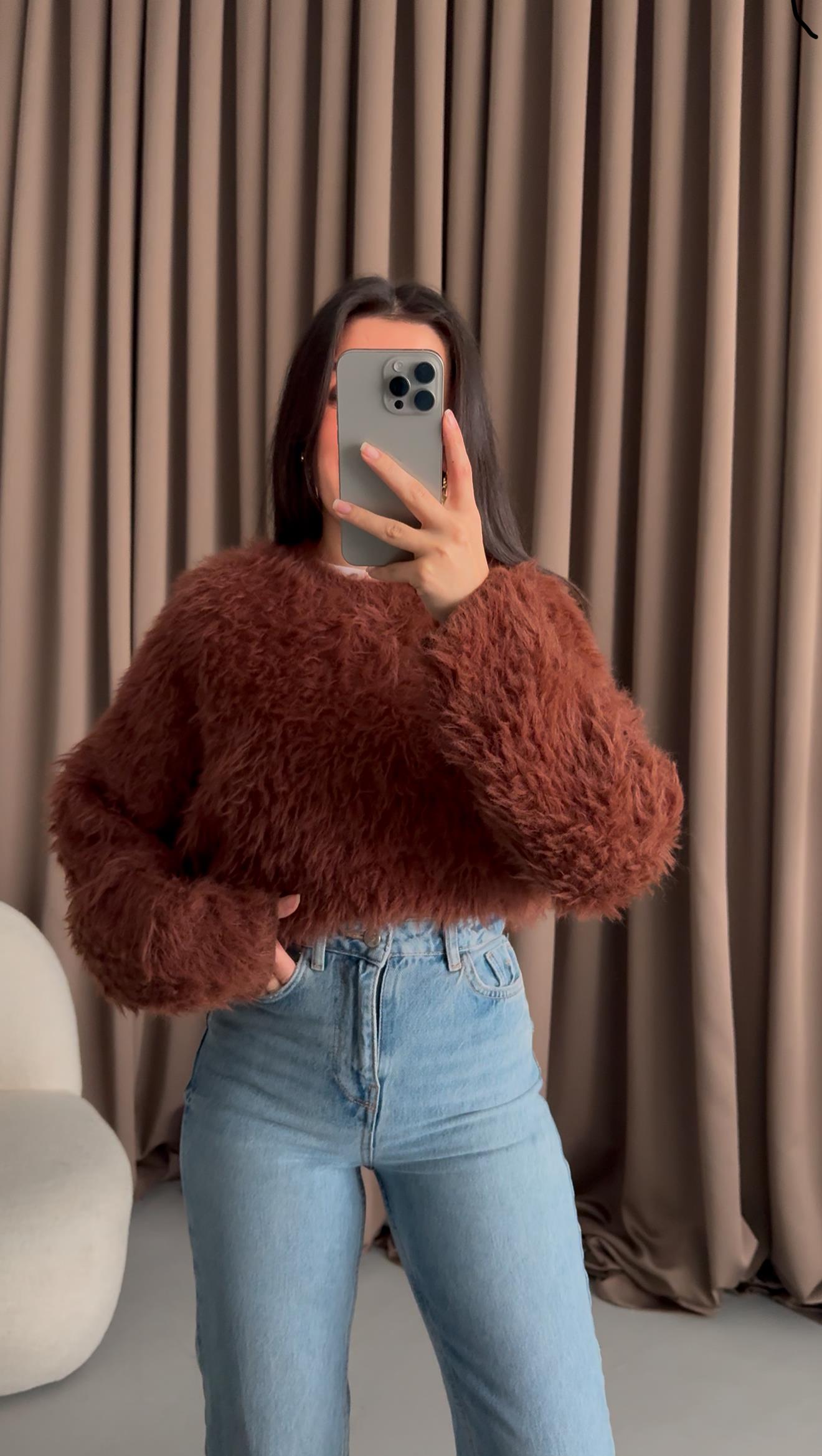 Kahve Tiftik Karışımlı Kazak