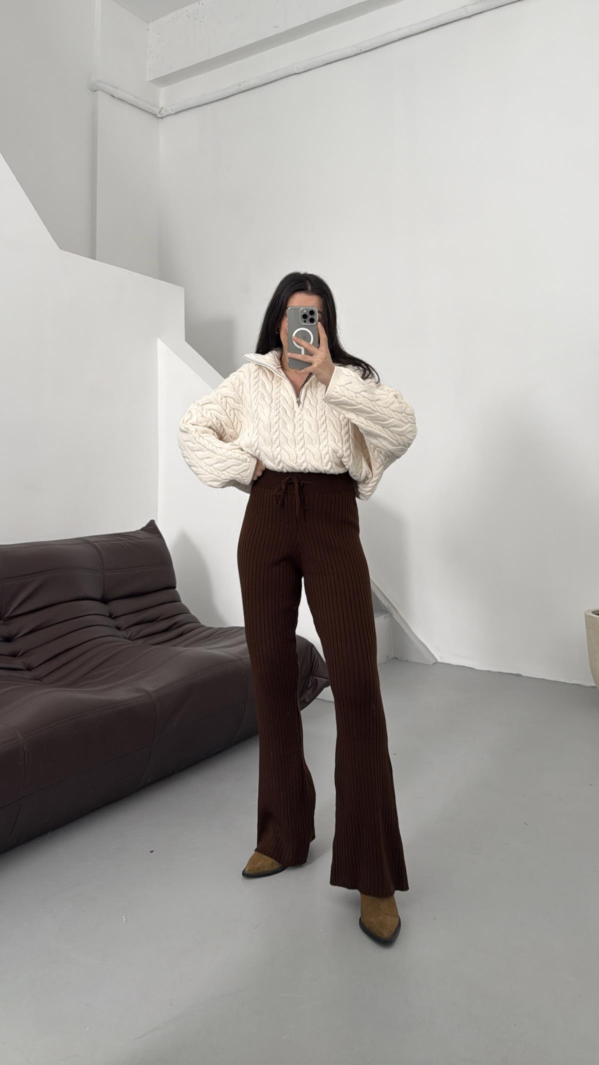 Kahve Yüksek Bel Flare Triko Pantolon