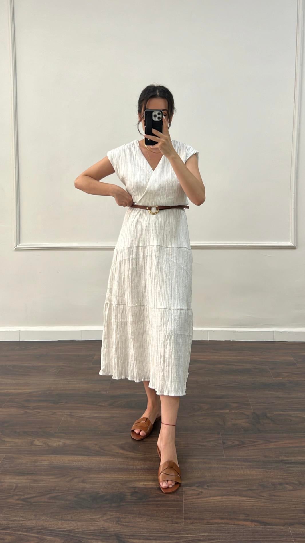 Kani Kruvaze Kemerli Midi Elbise