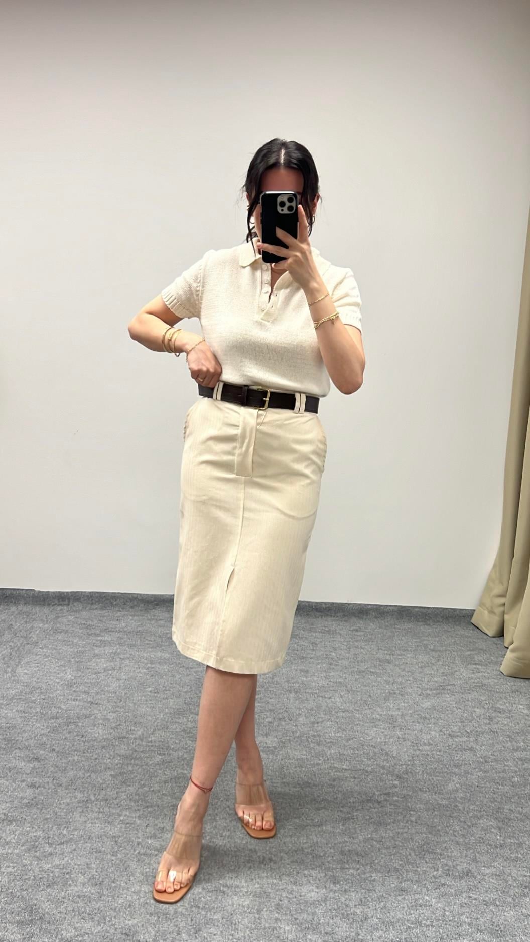 Keten Kemerli Aksesuarlı Midi Etek