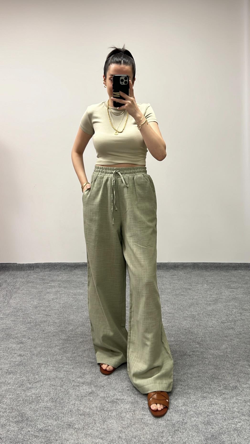 Keten Yeşil Bol Paça Pantolon