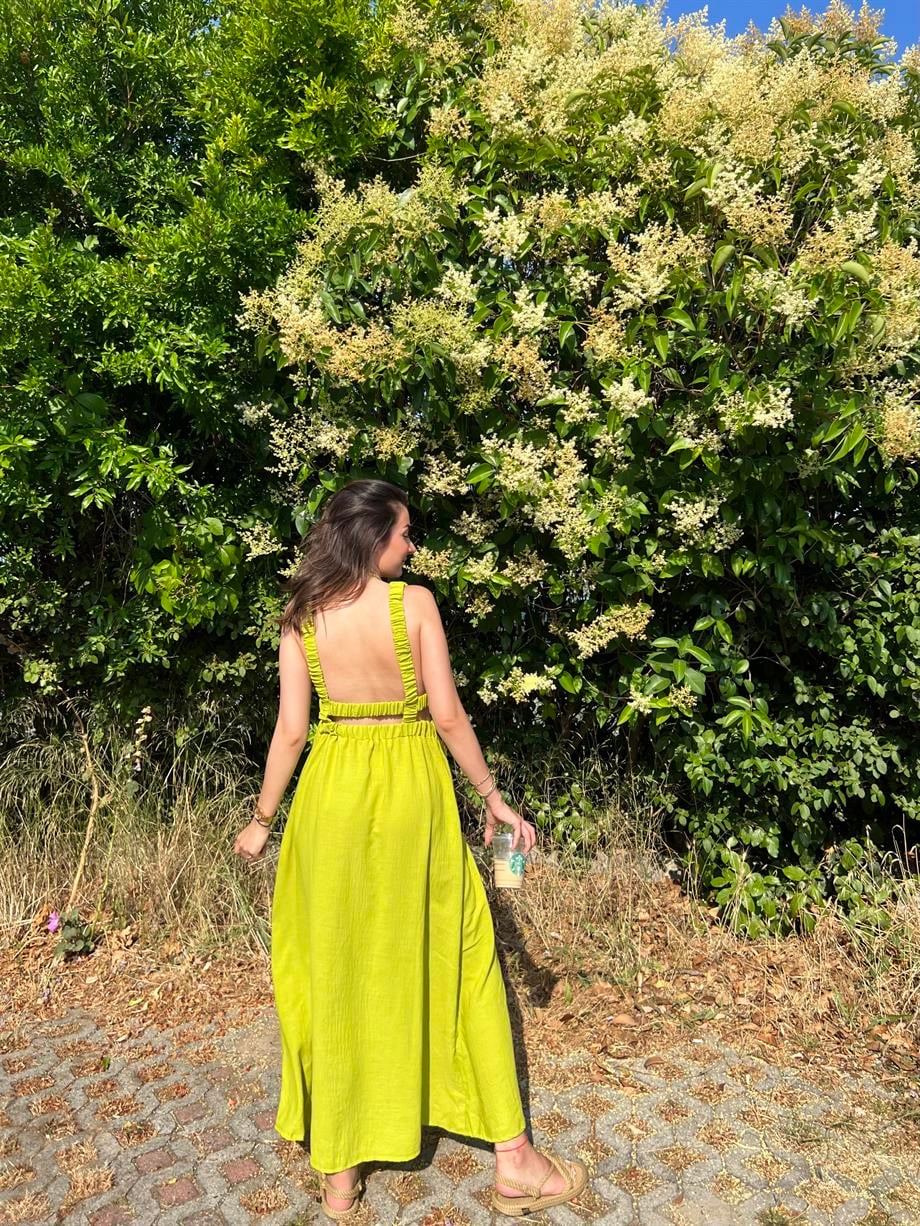 KETEN YEŞİL TASARIM ELBİSE